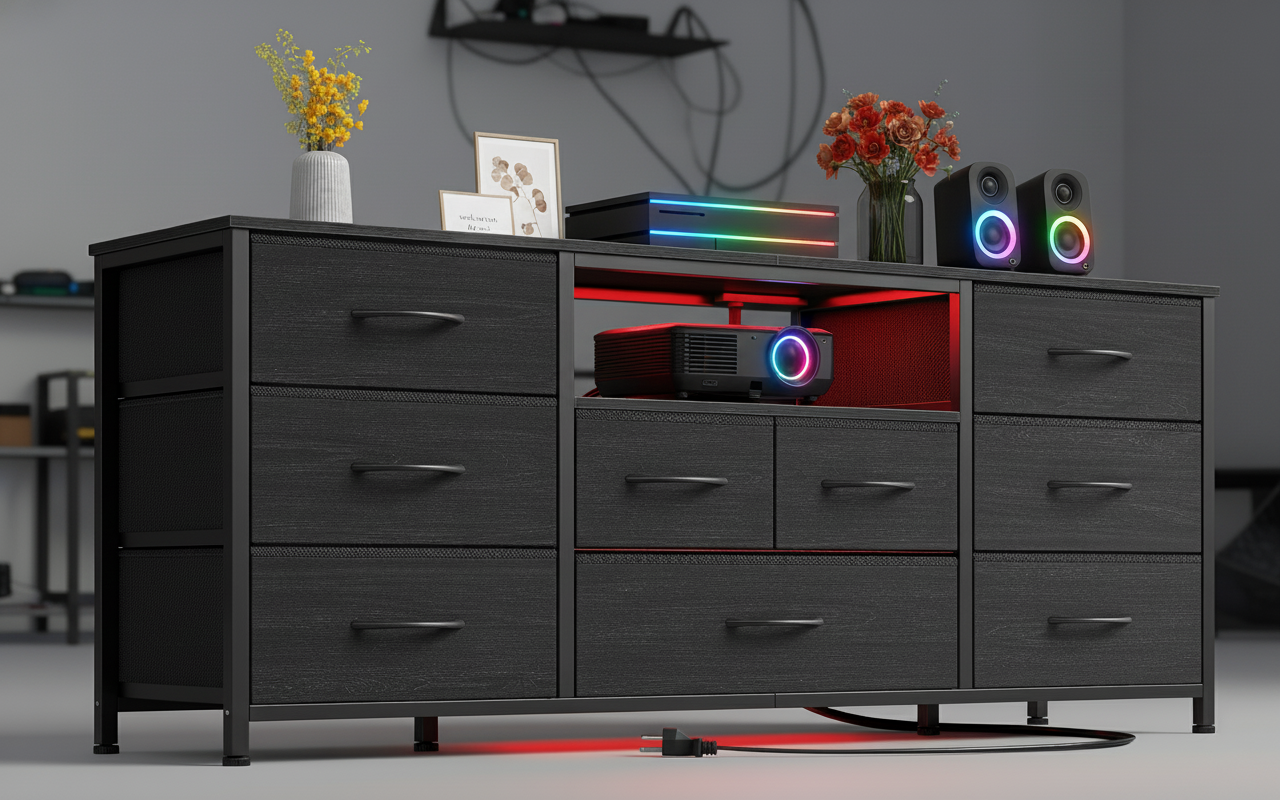 9 Drawer Dresser 55” Long TV Stand for Bedroom Entertainment Center with Power Outlet LED Light for 55"-65" TV Dresser with Fabric Storage Black