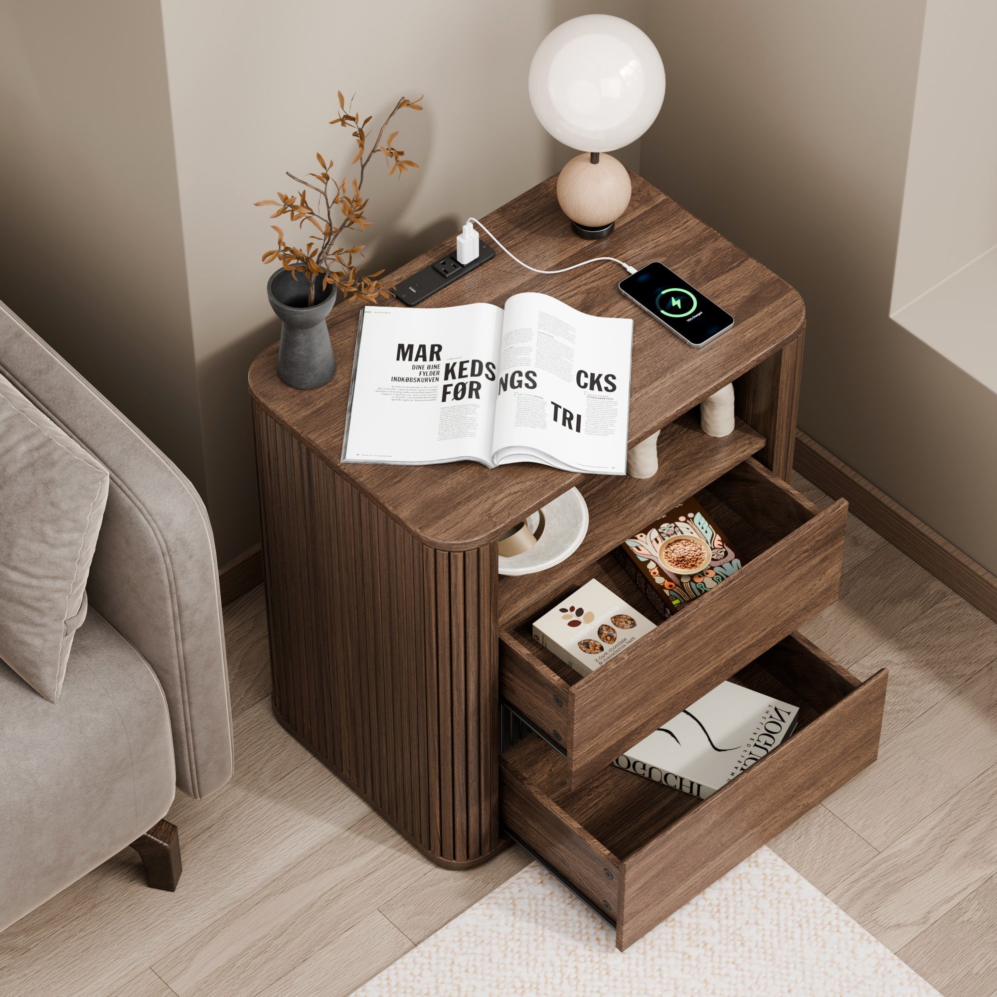 Rounded Walnut Nightstand Charging Station 2 Drawers Modern Bedside Table Roller Design Mid Century Wood End Table Bedroom Furniture Home