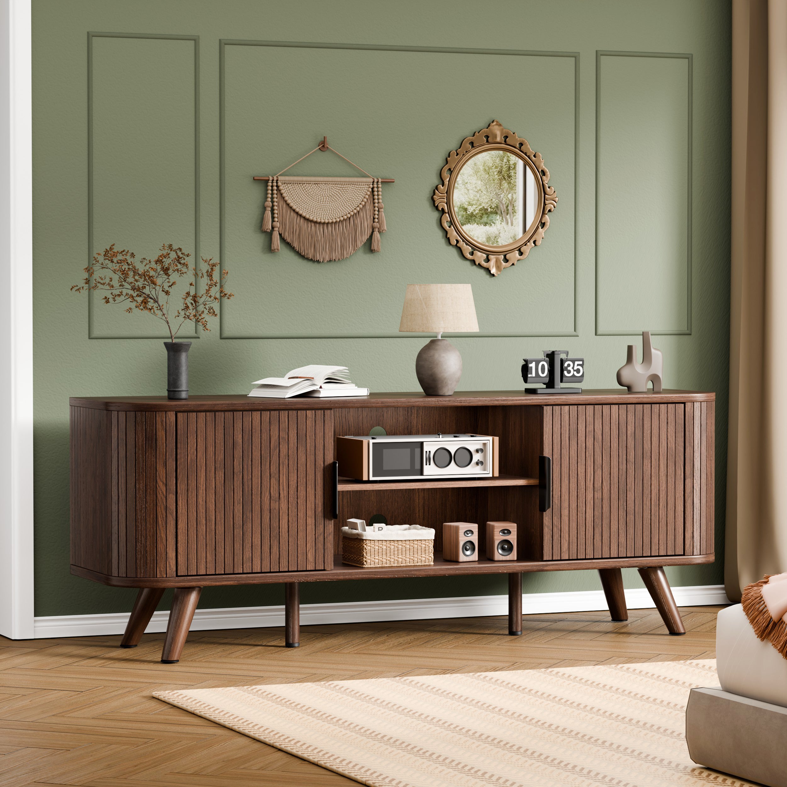 Curved Edge TV Stand Walnut Finish Media Console for 65 Inch TV Modern Fluted Door Credenza with Storage Mid Century Living Room Furniture