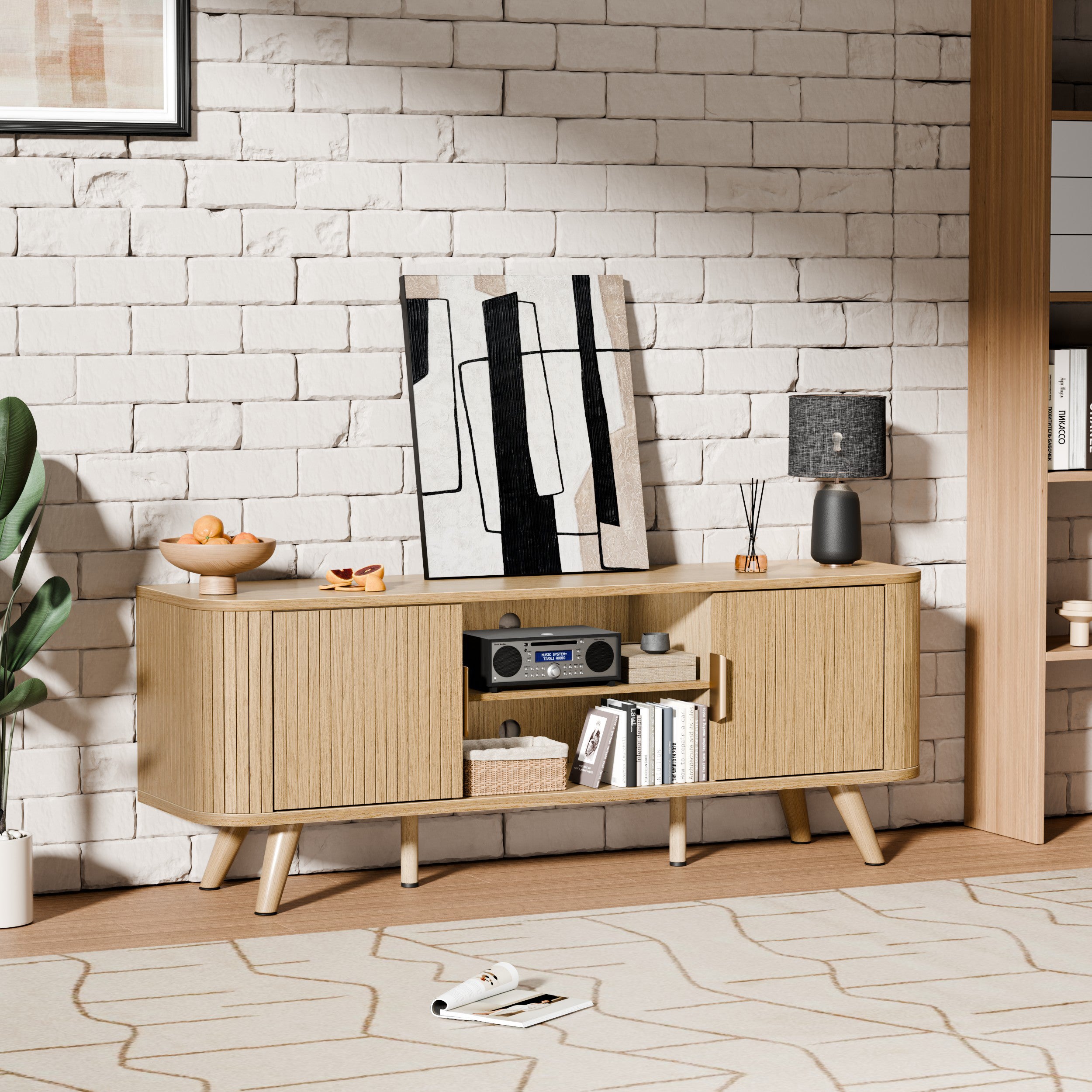 55 Inch Media Console for Bedroom Living Room Oak TV Stand for 65 Inch TV Mid Century Modern Cabinet Fluted Wood Detail Cable Management
