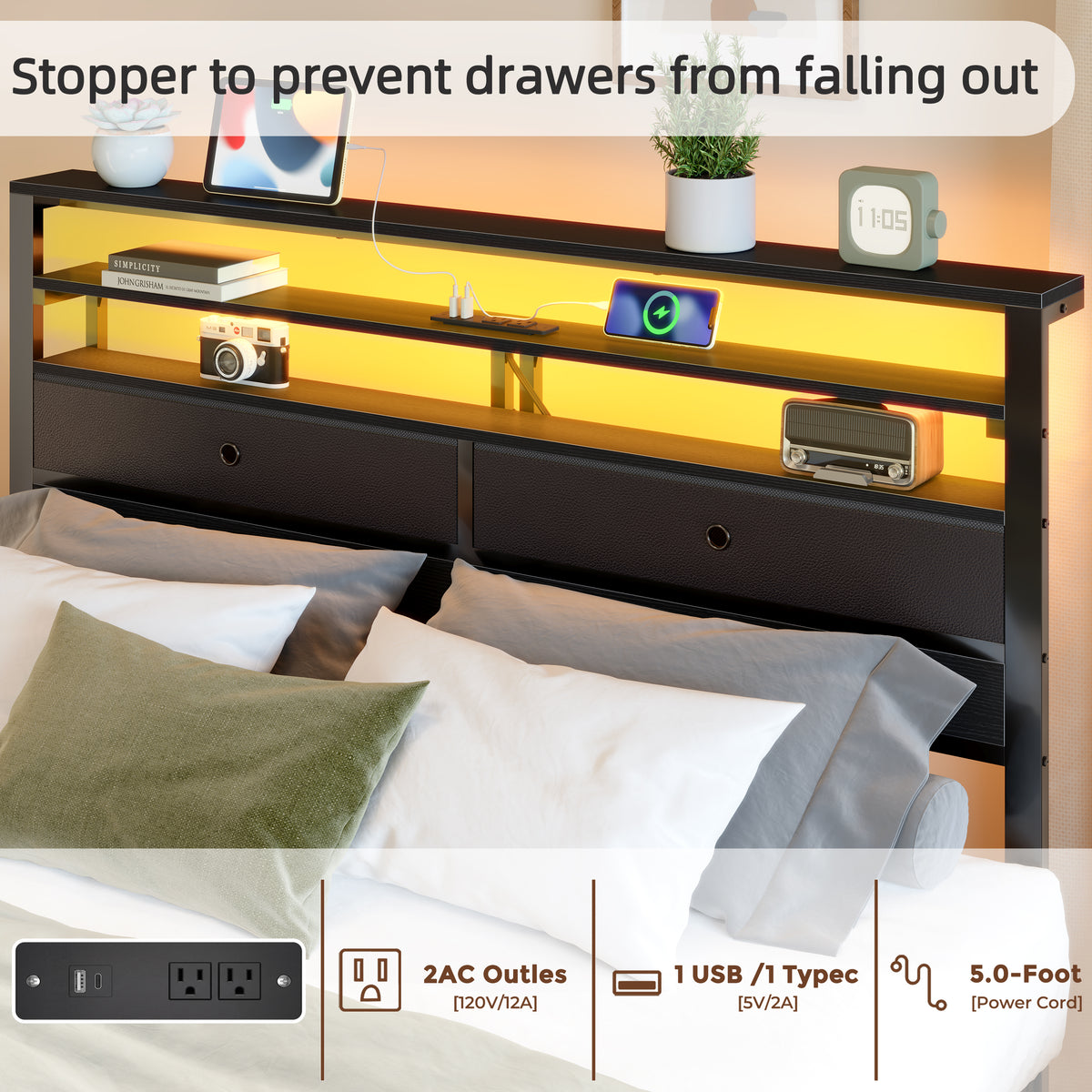 Queen Bed Frame with Storage Headboard and 4 Drawers, LED Lights