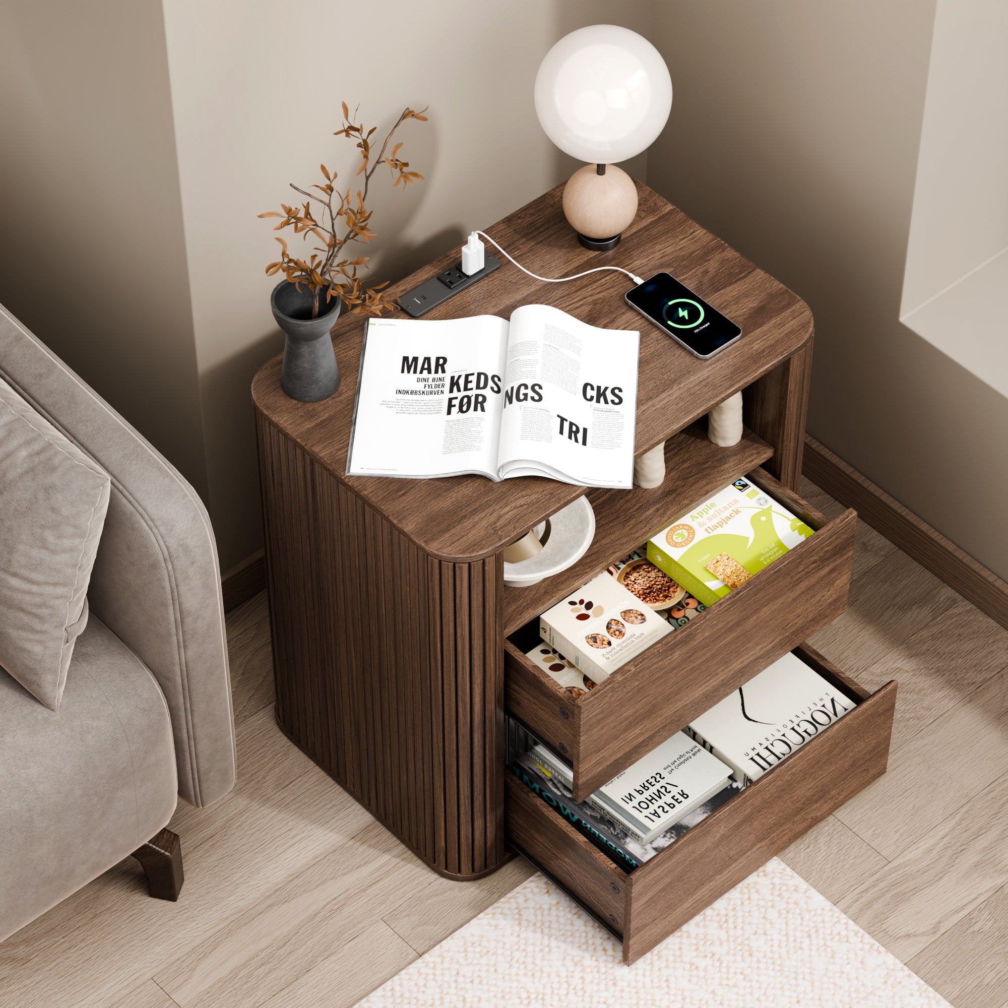 Walnut Nightstand with Charging Station and 2 Drawers Rolling Side Table for Bedroom Modern Wood End Table with Rounded Edges Living Room Furniture