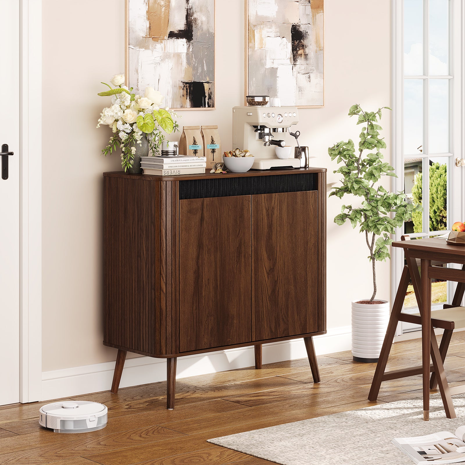Qwatto 31.5" Fluted Sideboard Buffet Cabinet Modern Accent Storage Cabinet Adjustable Shelves Wood Coffee Bar Console Table Dining Living Walnut