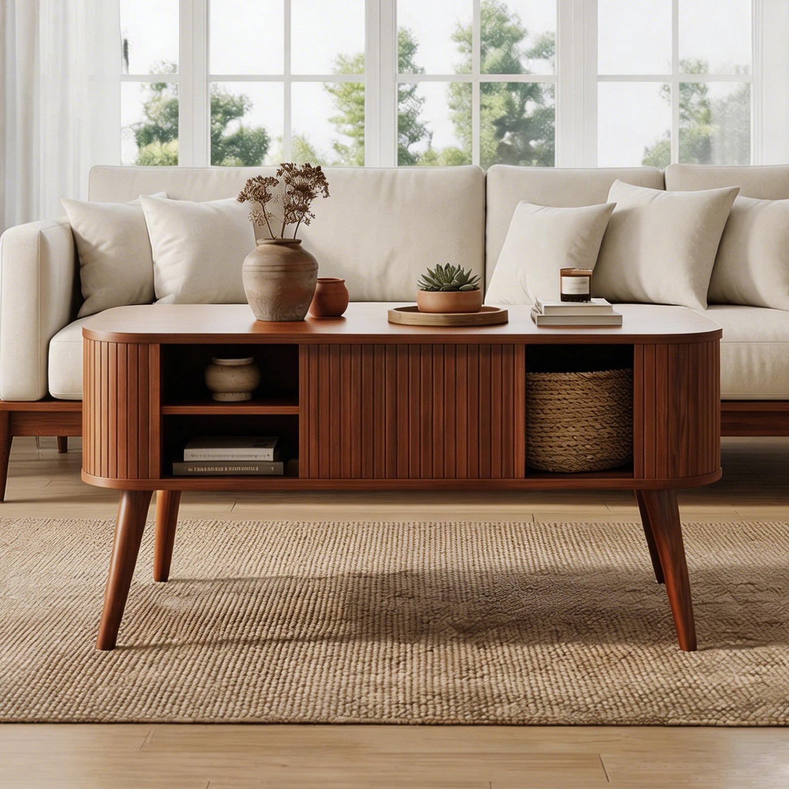 Qwatto Mid Century Modern Coffee Table with Storage Fluted Sliding Cabinet Door Farmhouse Wood Rectangular Center Table Living Room Walnut Finish
