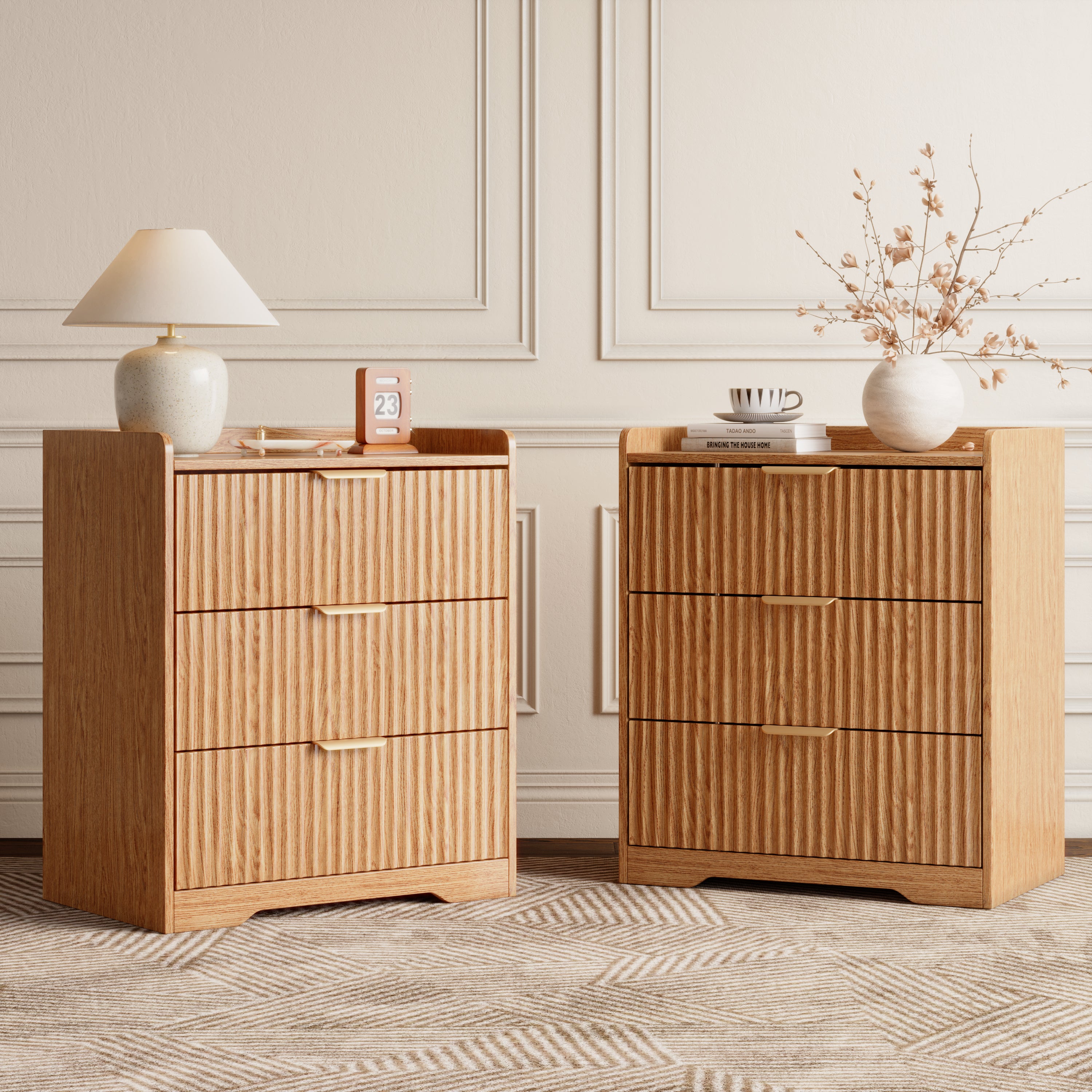 Natural Oak 3 Drawer Fluted Nightstand Modern Wood Bedside Table Accent Dresser Chest of Drawers with Metal Handles for Bedroom and Entryway