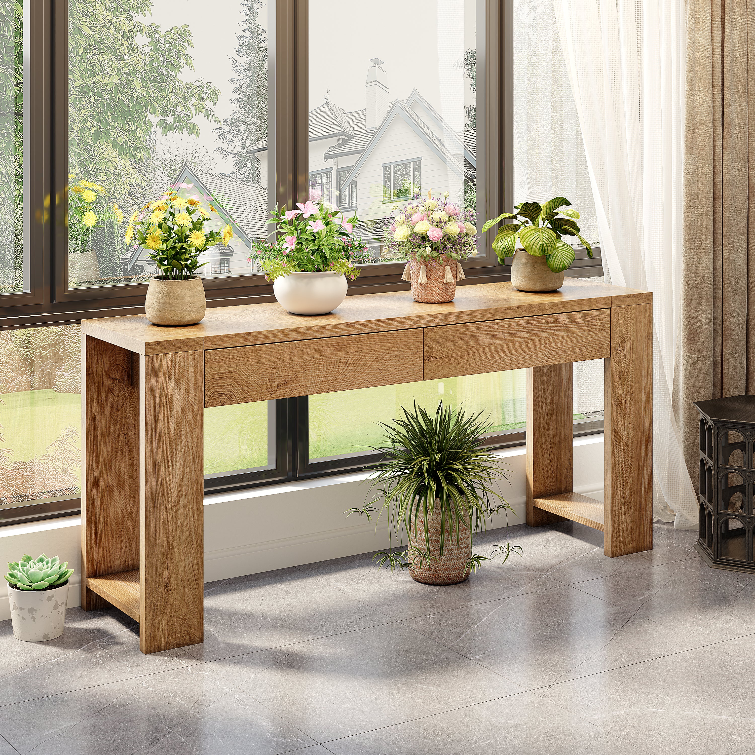 Qwatto 60 Inch Console Table Modern Entryway Storage Table with 2 Drawers Long Sofa Table Behind Couch for Living Room Hallway Foyer Natural Oak
