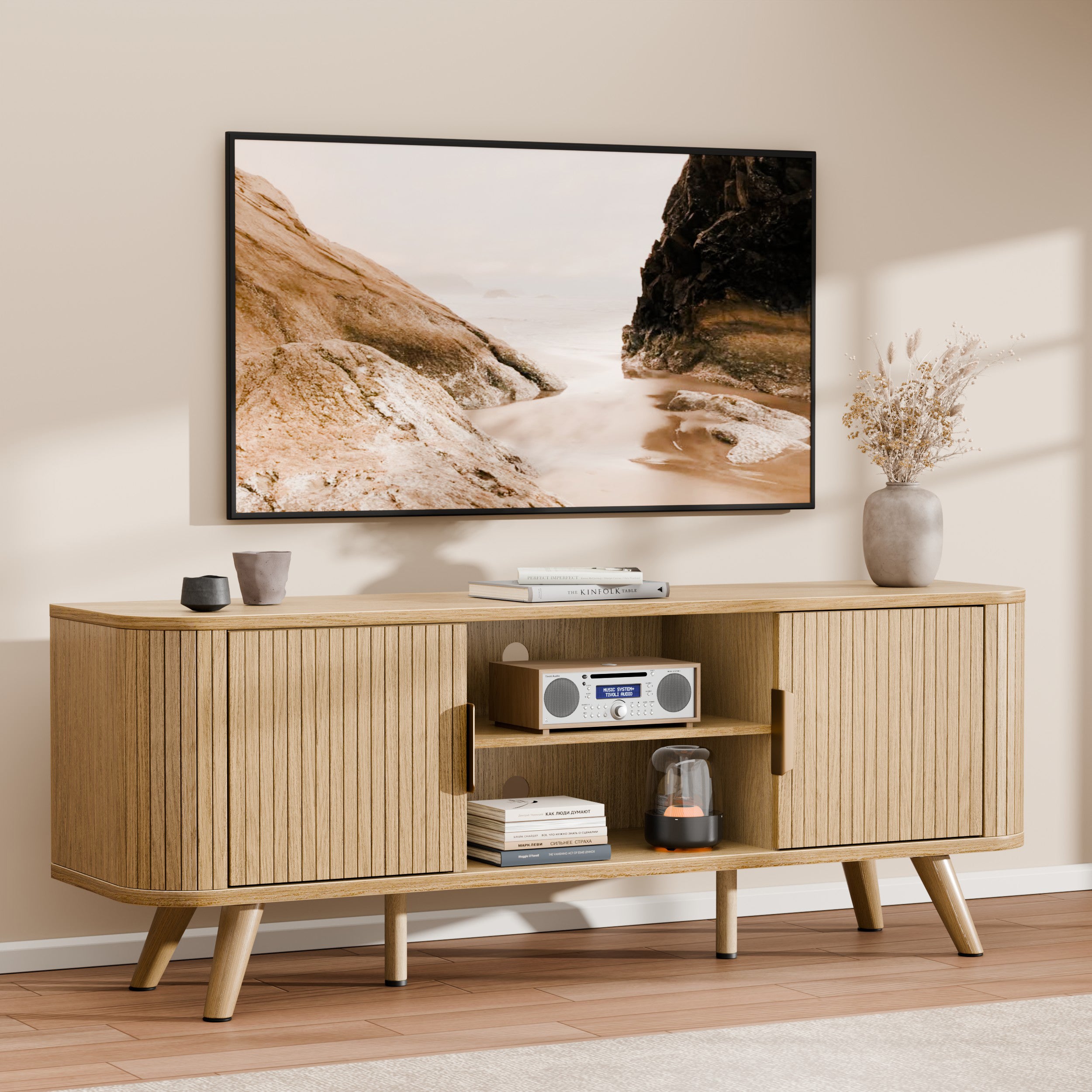 55 Inch Tambour Door TV Stand Oak Wood Media Cabinet for 65 Inch TV Arc Curved Edge Design Mid Century Modern Console with Open Shelves