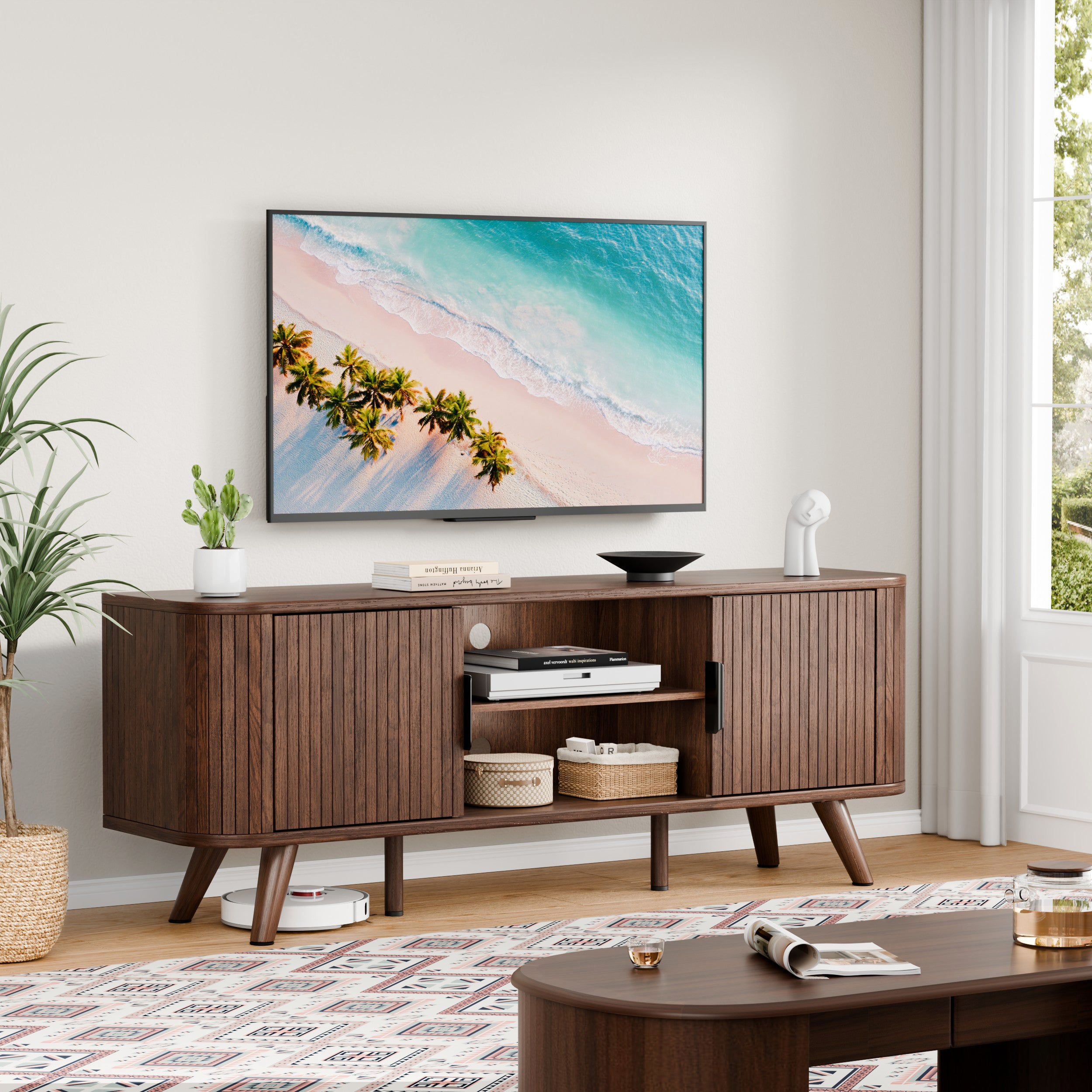 Curved Edge TV Stand Walnut Finish Media Console for 65 Inch TV Modern Fluted Door Credenza with Storage Mid Century Living Room Furniture