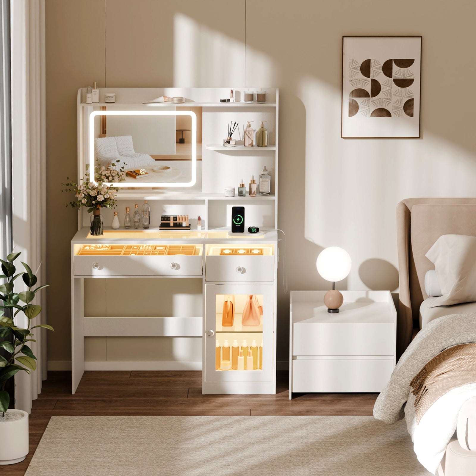 Qwatto White Makeup Vanity Desk with Mirror and Lights Vanity Set 3 Color Lighted Mirror Dressing Table with Power Outlet and Drawers Cabinet