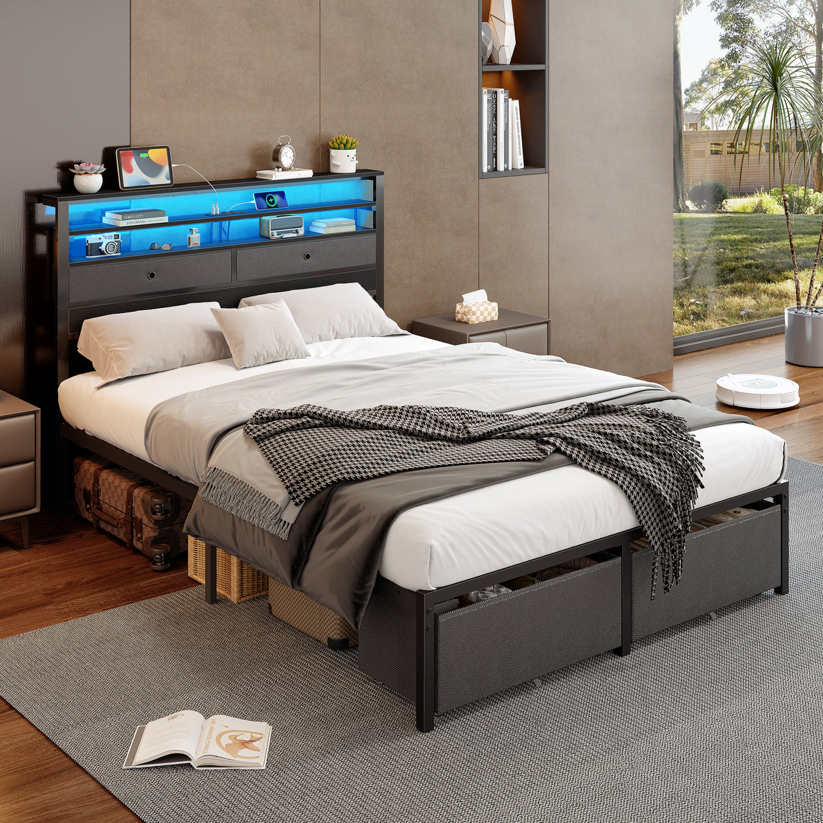 Full Size Bed Frame with Storage Headboard & 4 Drawers, LED Lights