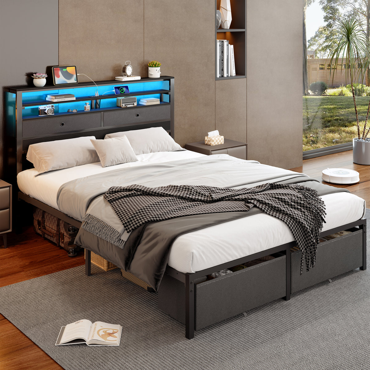 Queen Bed Frame with Storage Headboard and 4 Drawers, LED Lights