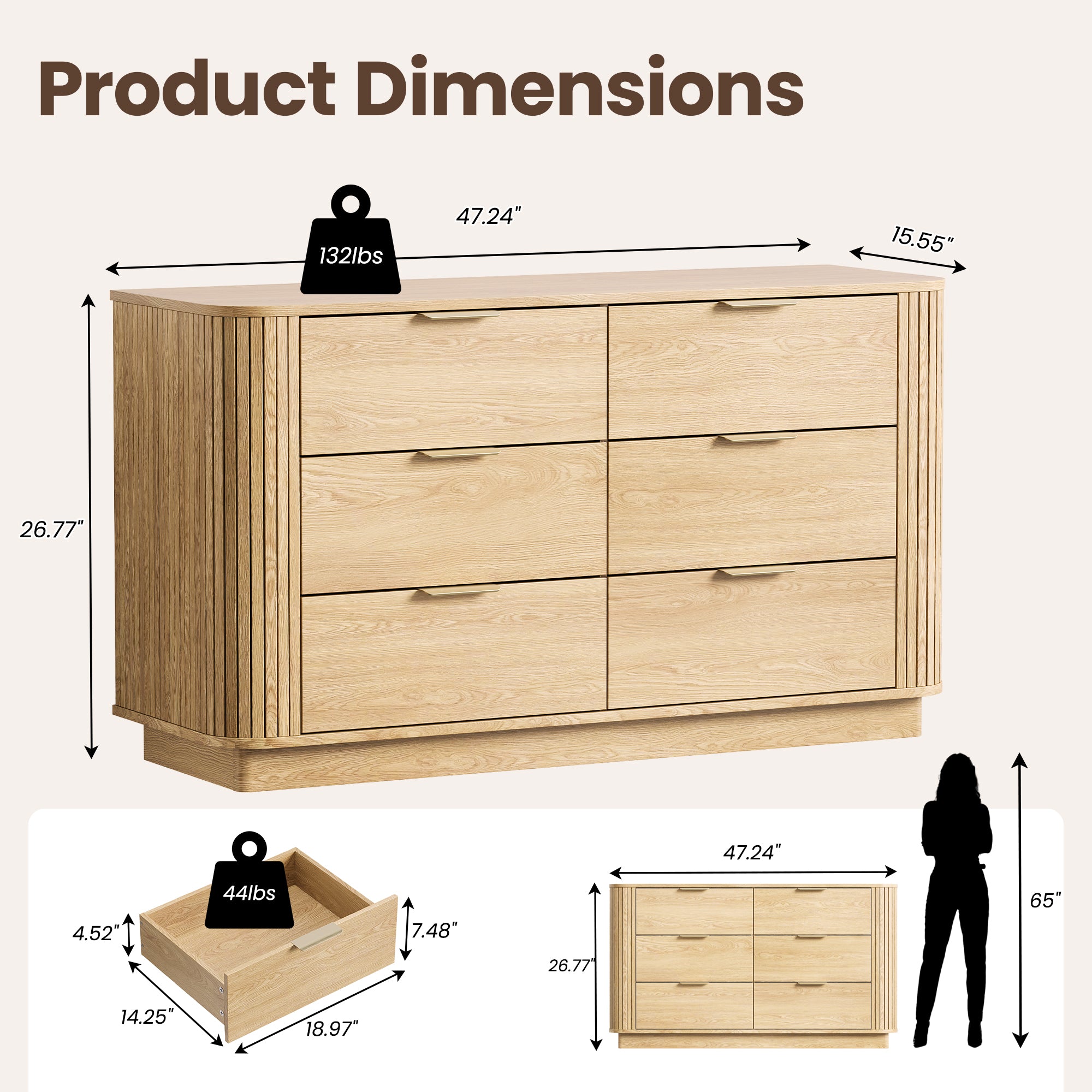 Qwatto 6 Drawer Double Dresser Mid Century Modern Fluted Wood Chest of Drawers Curved Profile Wide Bedroom Storage Organizer Cabinet for Nursery Oak