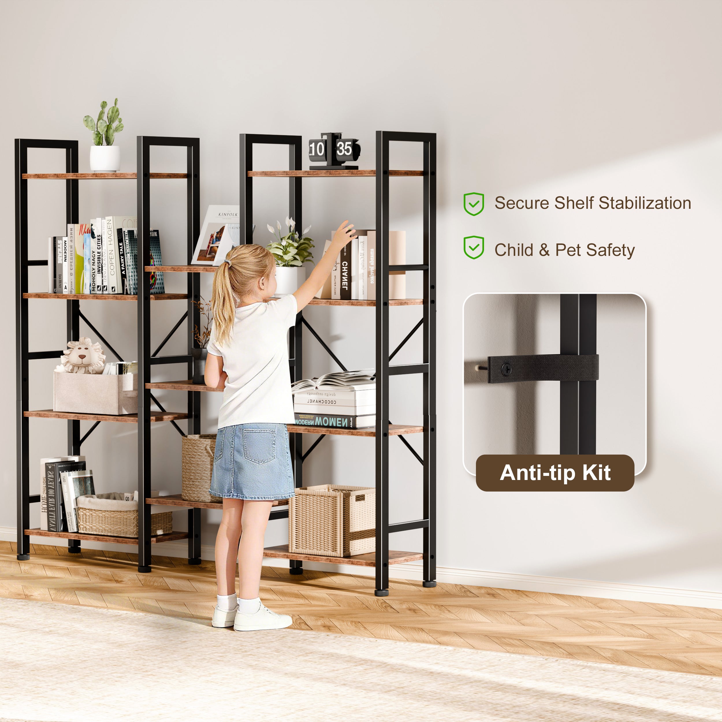 Qwatto Brown Triple 4 Tier Bookshelf 11 Open Display Shelves Wood Metal Storage Organizer Industrial Wide Shelving Unit Home Office Etagere Bookcase