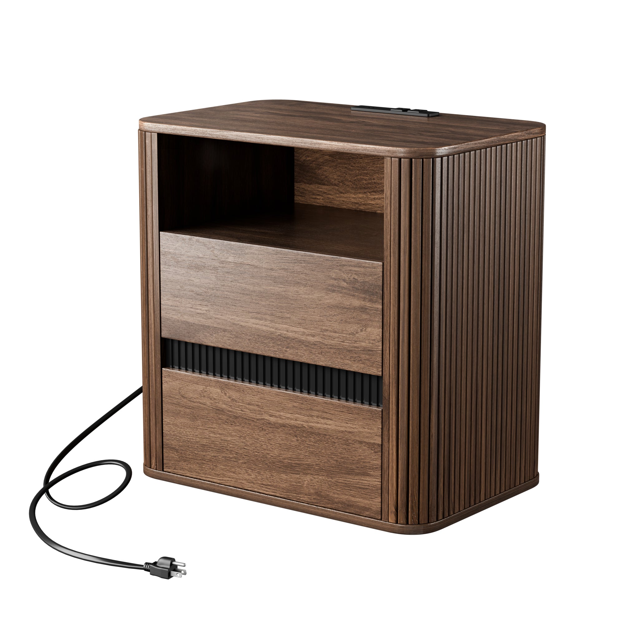 Wide Walnut Nightstand with Charging Station 2 Drawers Roller Shutter Storage Modern Bedside Table Rounded End Table Bedroom Office 26 Inch