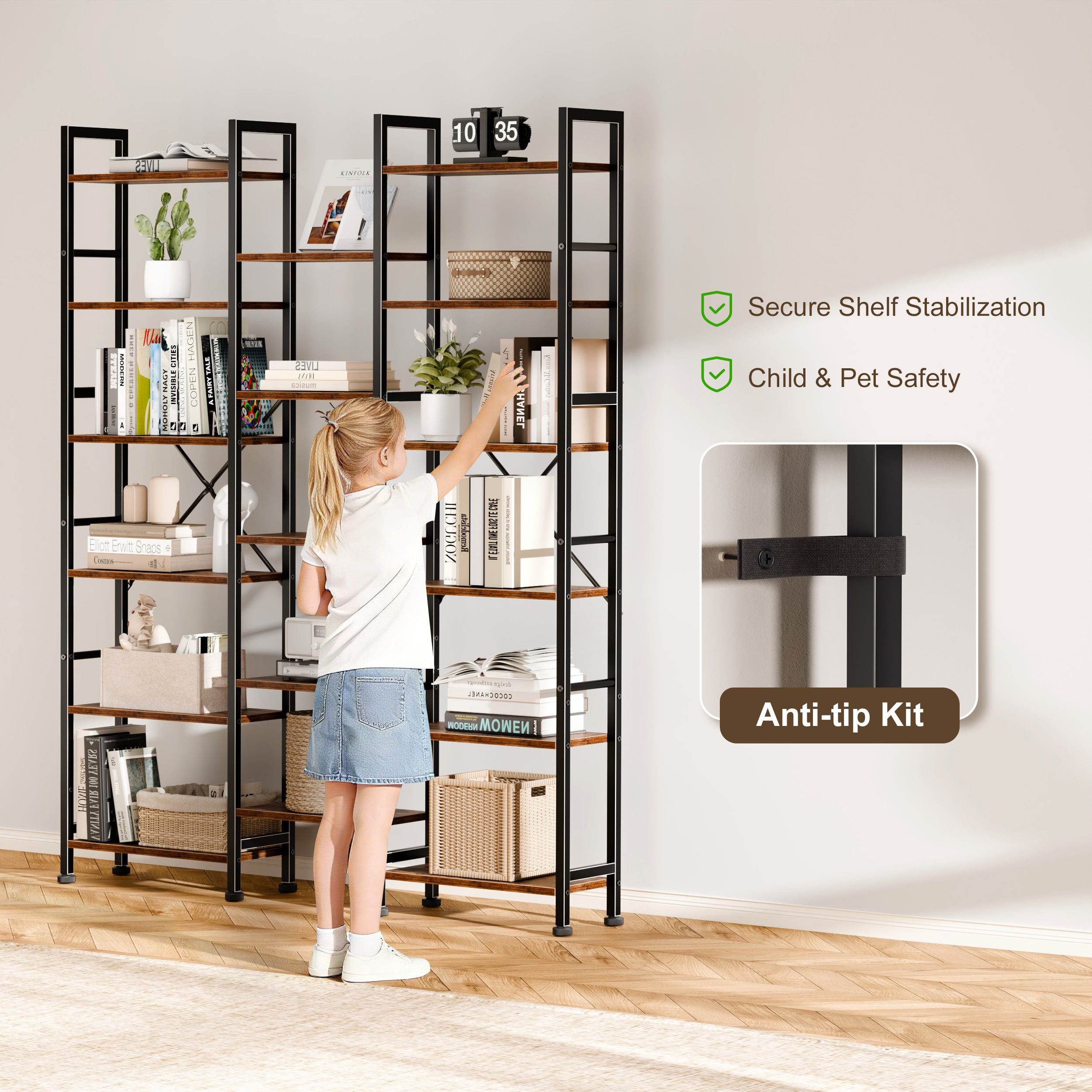 Qwatto Brown 6 Tier Bookshelf 17 Open Display Shelves Wood Metal Storage Organizer Industrial Wide Shelving Unit Freestanding Etagere in Home Office