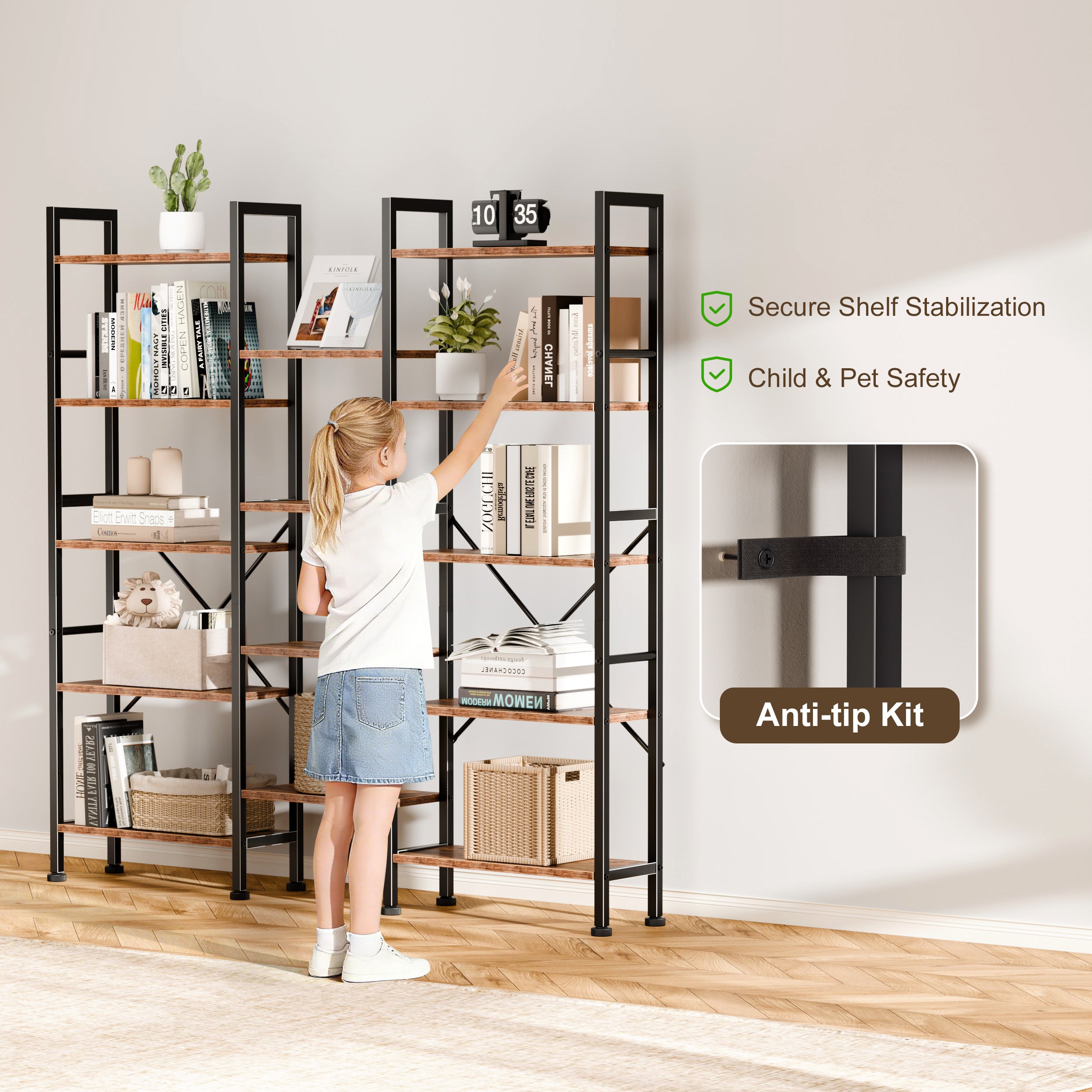 Qwatto Brown 5 Tier Bookshelf 14 Open Display Shelves Wood Metal Storage Organizer Industrial Wide Shelving Unit Freestanding Etagere in Home Office