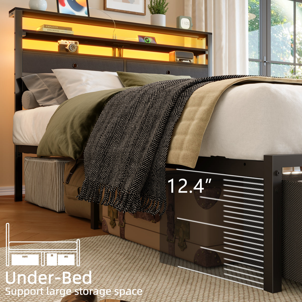 Queen Bed Frame with Storage Headboard and 4 Drawers, LED Lights