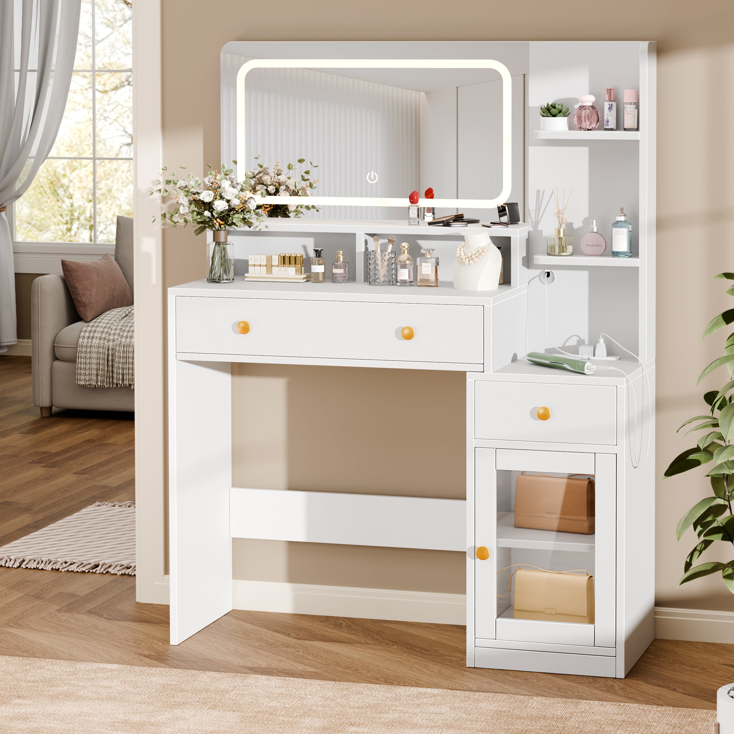 Modern White Makeup Vanity Desk with LED Lighted Mirror Charging Station 2 Outlets USB Type C 2 Drawers 3 Shelves Acrylic Cabinet Bedroom Vanity Set