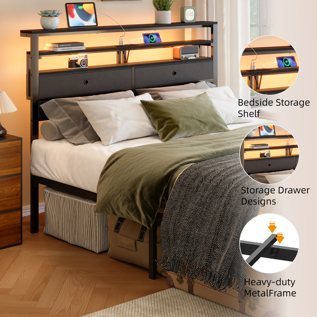 Queen Bed Frame with Storage Headboard and 4 Drawers, LED Lights