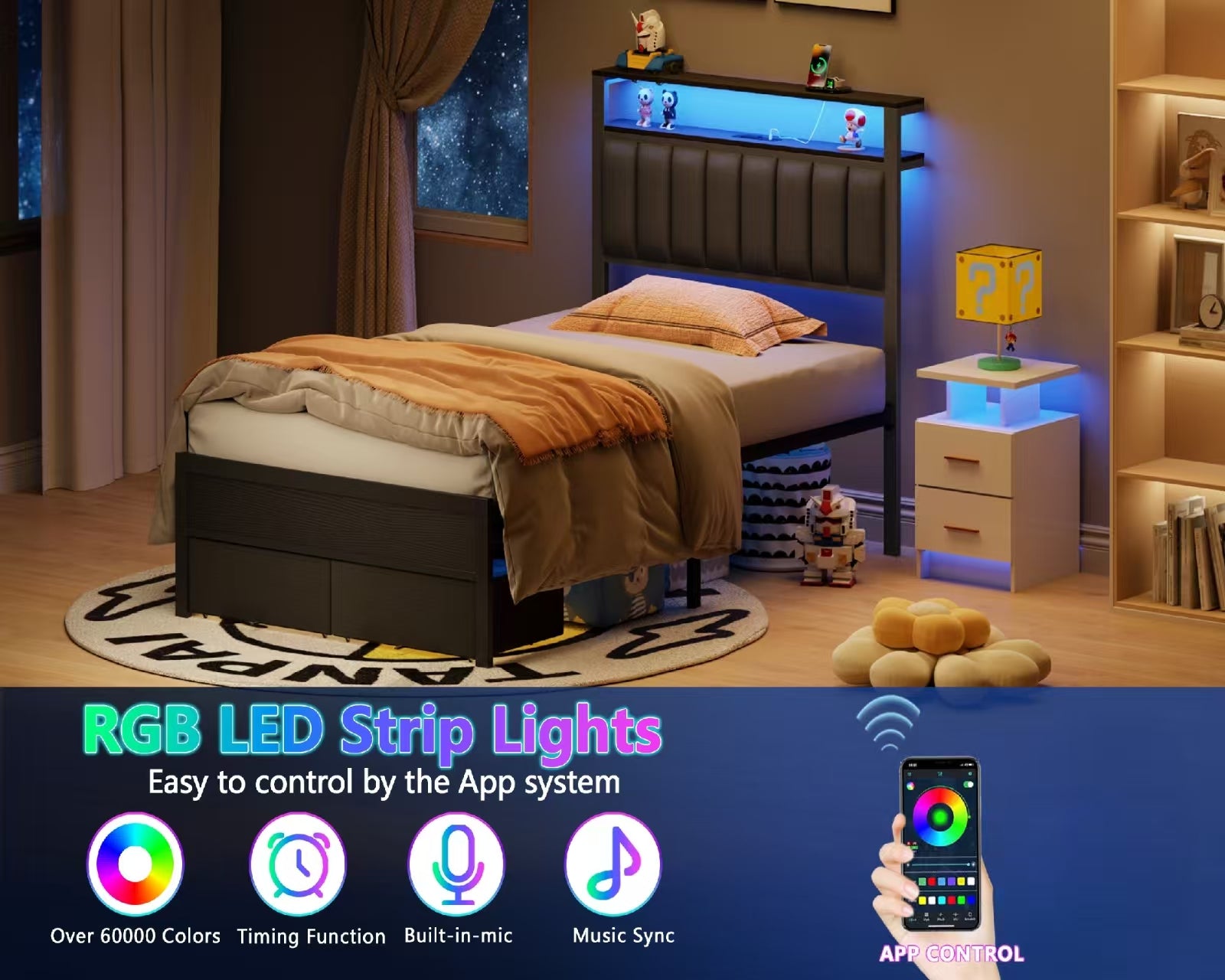 Furnulem Twin Bed Frames with Charging Station and LED Lights, Grey Upholstered Headboard with Shelves
