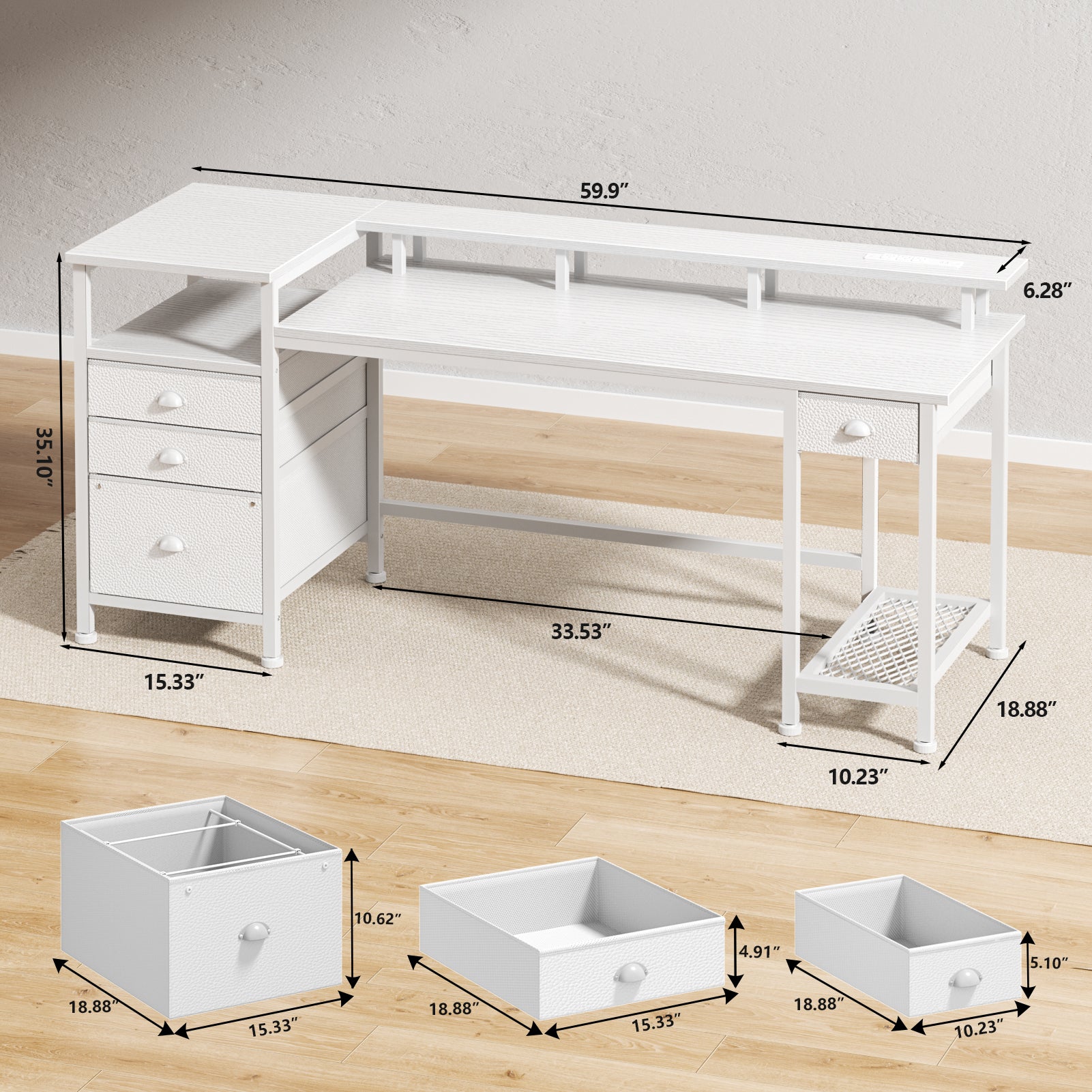 60 Inch White Computer Desk with Charging Station Gaming Desk LED Lights 4 Drawers File Cabinet Storage Home Office Work Table Modern Bedroom Study