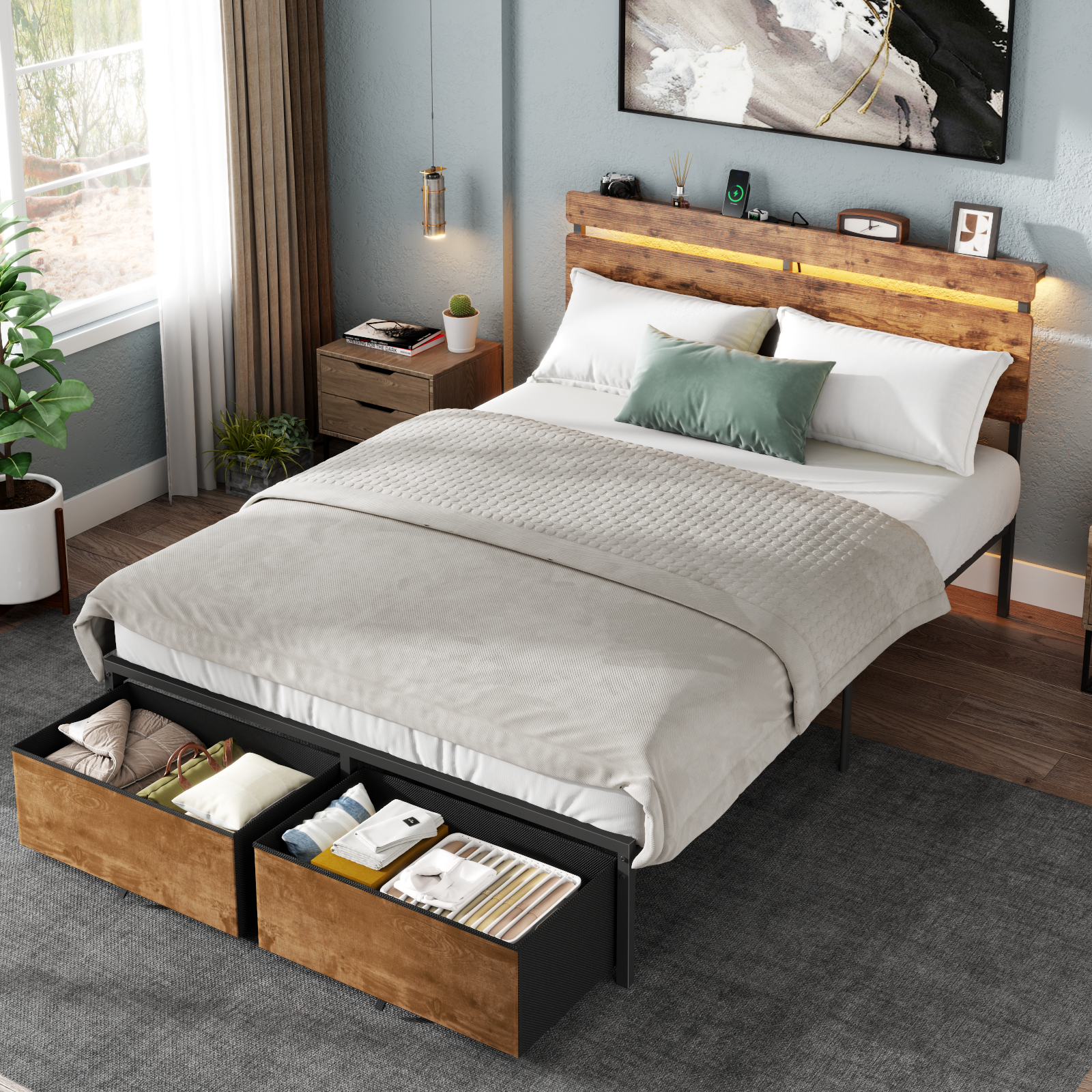 Full Size Bed Frame with Wood Headboard Metal Platform Bed with 2 Storage Drawers  Shelf Built in Charging Station  LED Lights No Box Spring Needed