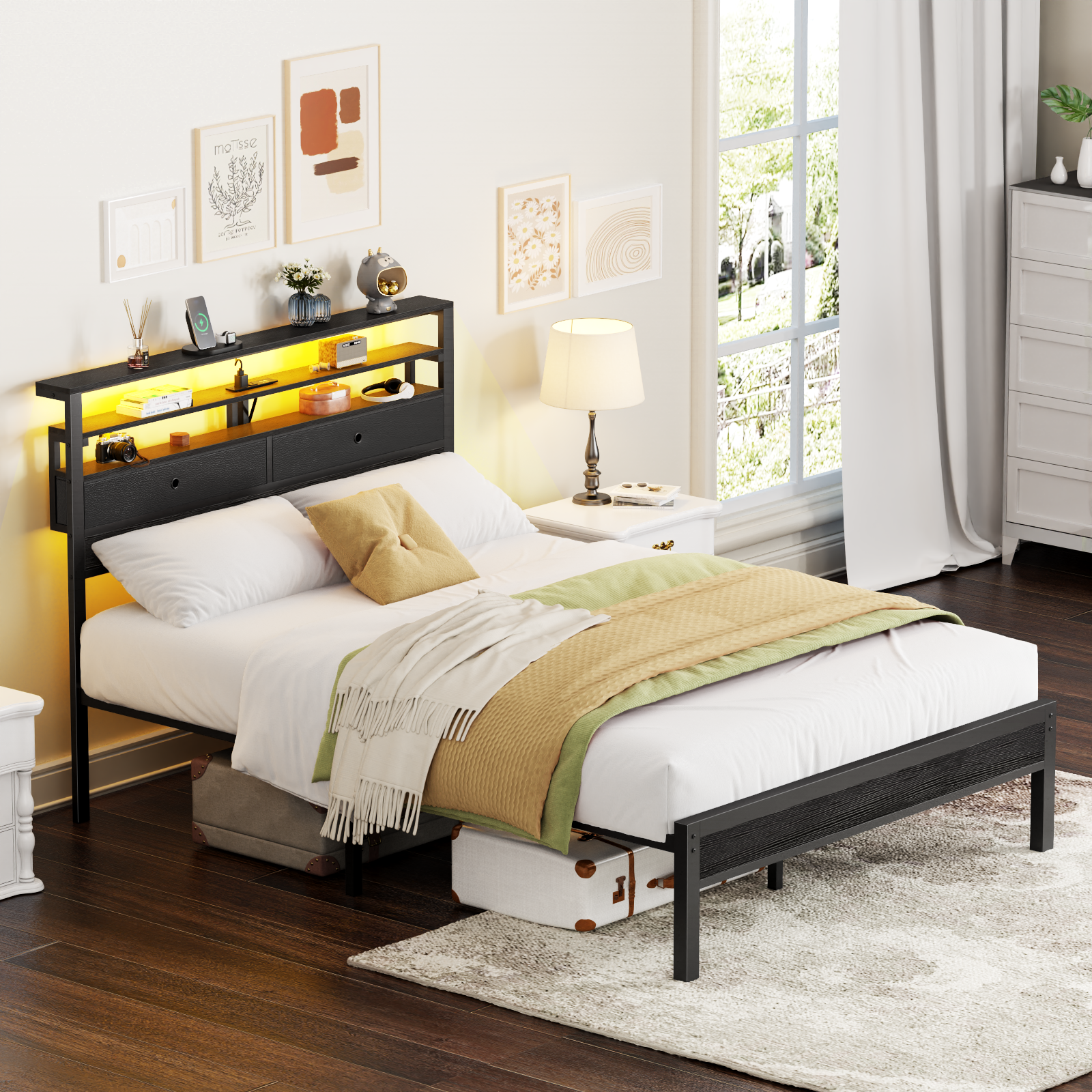 Furnulem Full Size Bed Frame with Headboard  2 Fabric Drawers  Bed Featuring LED Lights Built-in Charging Station  Storage Shelves No Box Spring Needed