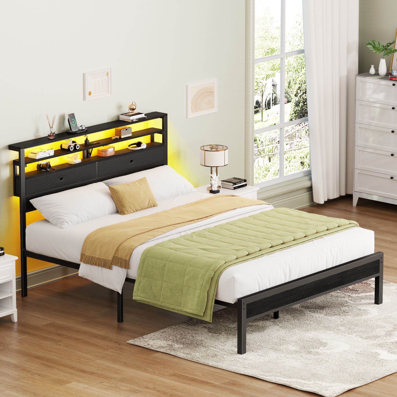 Furnulem Queen Bed Frame with Headboard  2 Fabric Drawers Bed Frame  Featuring LED Lights Built-in Charging Station  Storage  No Box Spring Needed