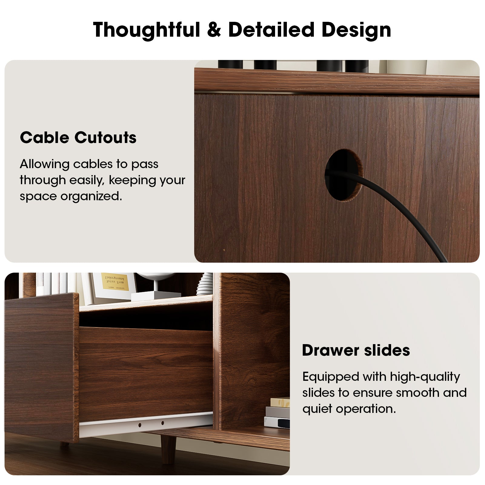 55-in TV Stand with Storage for TVs up to 65-in With Drawer slides Tambour Media Console With Charging Station Shelves Cable Management Wood Legs walnut