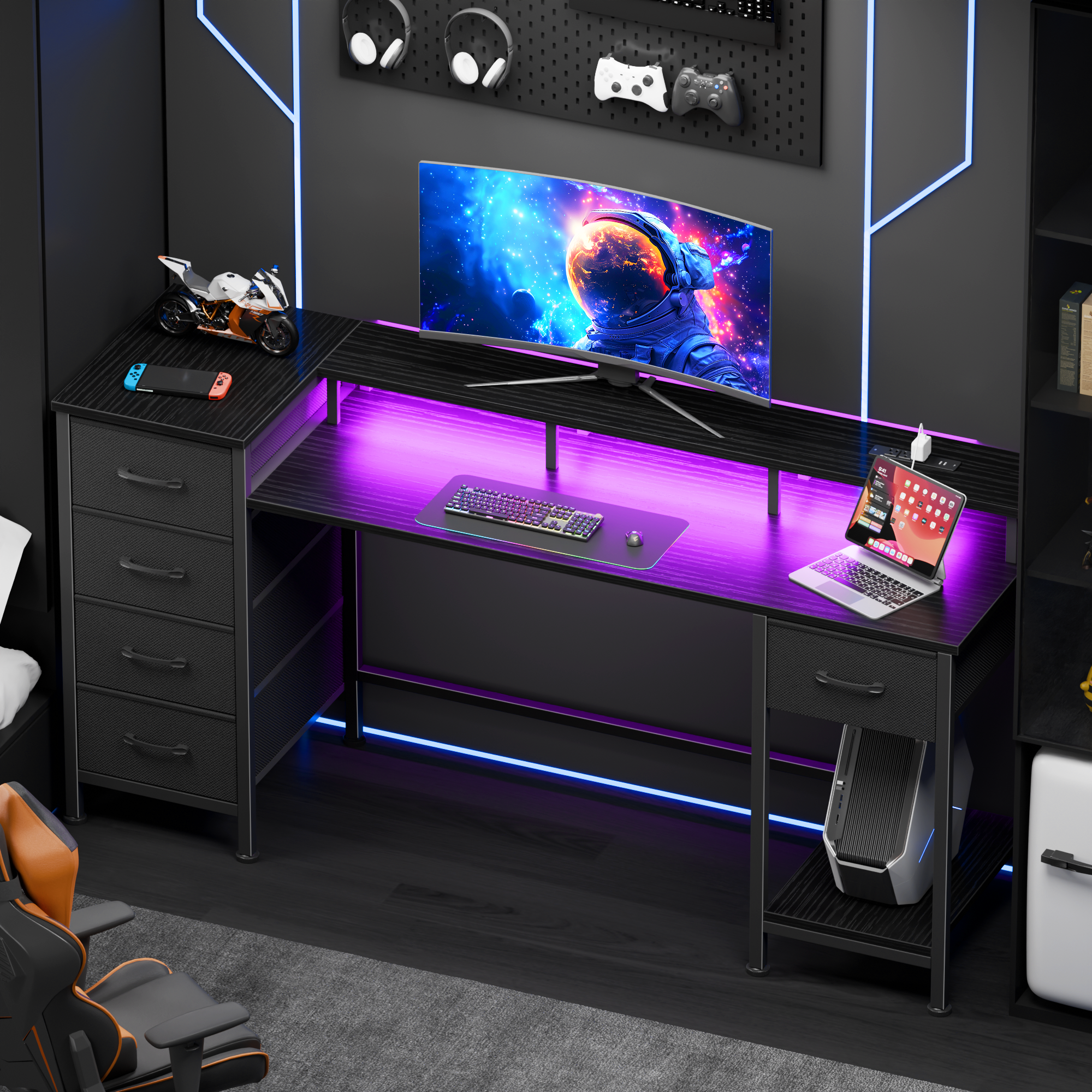 55 Inch Black Computer Desk with Charging Station Reversible Gaming Desk LED Lights Fabric Drawers Home Office Writing Table Bedroom Study Storage