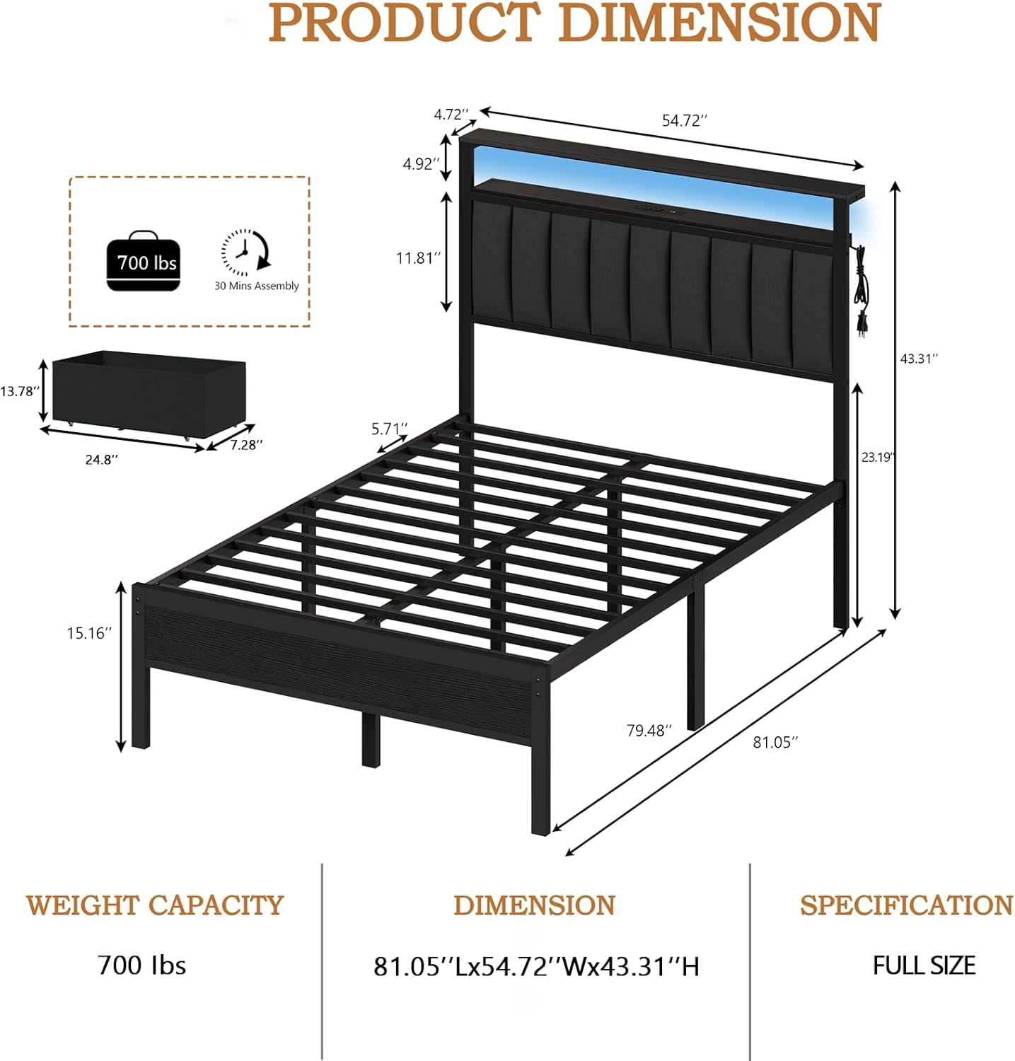 Furnulem Bed Frame with LED Lights, Charging Station & Storage