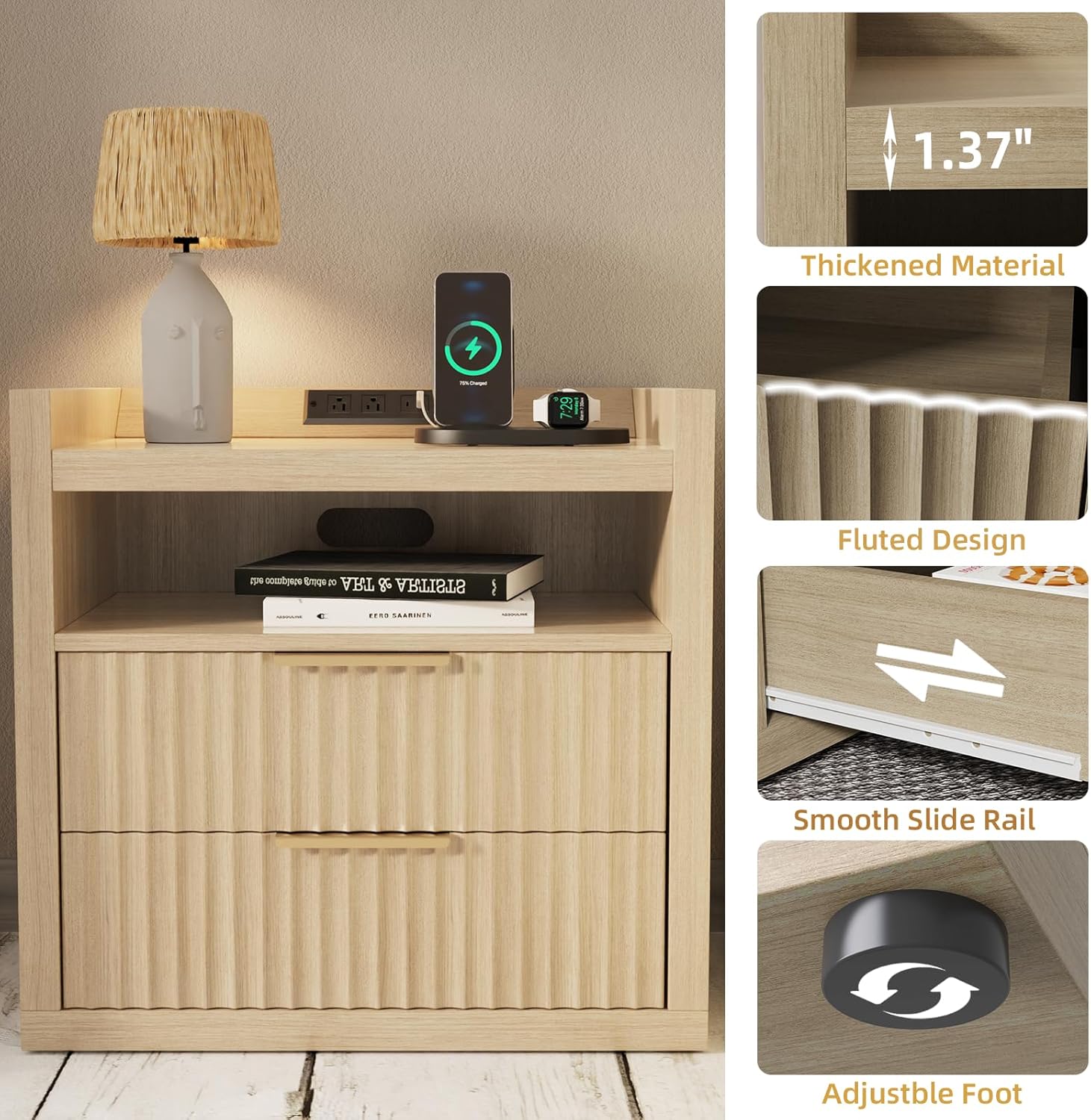 Furnulem Fluted Night Stand with Charging Station 2 Drawer Light Wood nightstand Bedside Table Night Stand for Bedroom End Table for Living Room