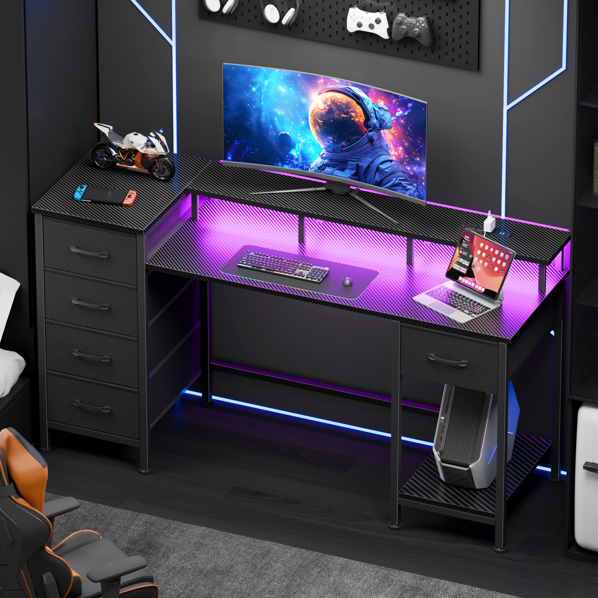 47 Inch Carbon Fiber Black Gaming Desk with Charging Station LED Lights Reversible Computer Desk 5 Fabric Drawers Home Office Writing Study Table