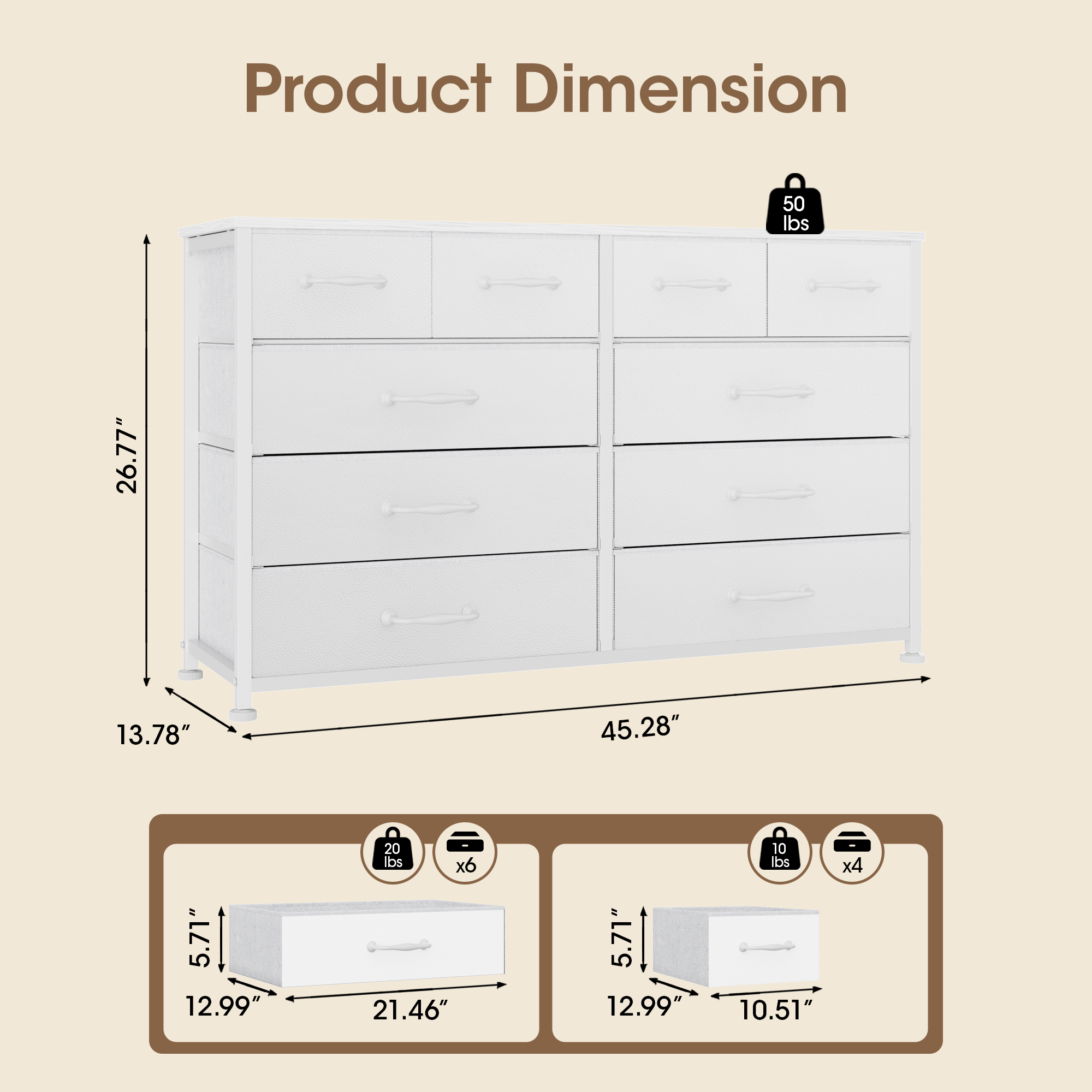 White Dresser for Bedroom with 10 Drawer  Entertainment Center for 40-45-50 inch Modern Tv Stand & Chest of Drawers for Living Room Hallway Entryway