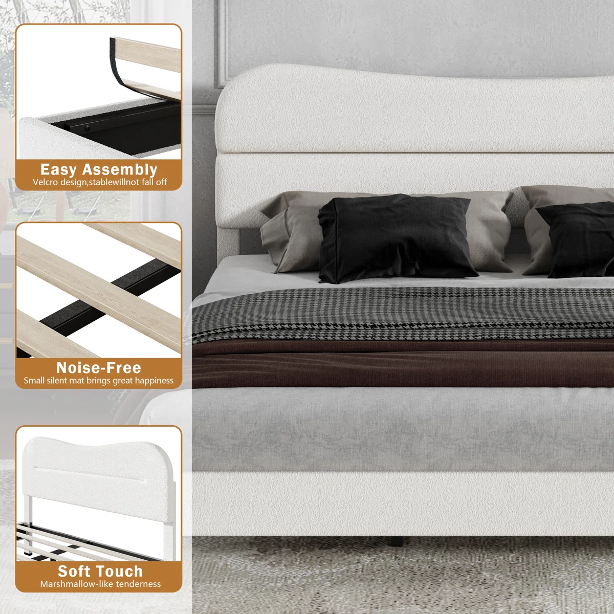 King Size Bed Frame With Teddy Velvet Soft Curved Headboard Platform Bed With Wooden Slats Support Easy Assembly Noise-free