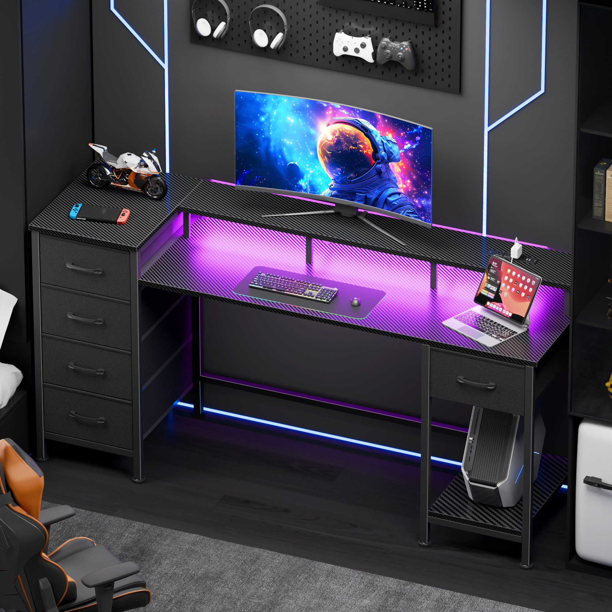 Qwatto 55 Inch Computer Desk with Charging Station Reversible Gaming Desk LED Lights Fabric Drawers Home Office Writing Table Bedroom Study Storage