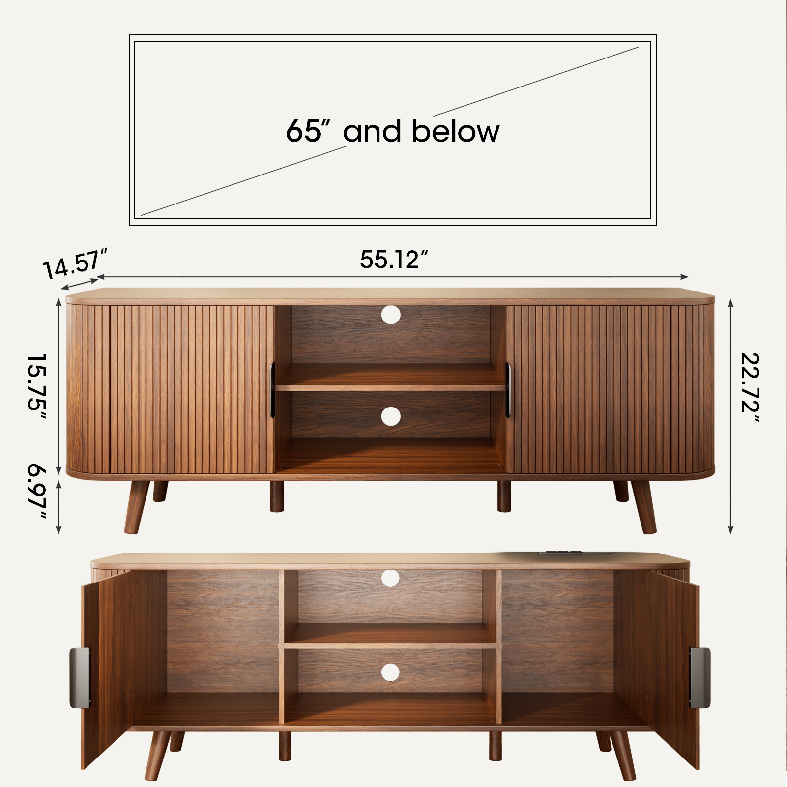 Mid Century Modern TV Stand Walnut Media Console for TVs up to 65 Inch Fluted Sliding Doors Entertainment Center Living Room Furniture Storage