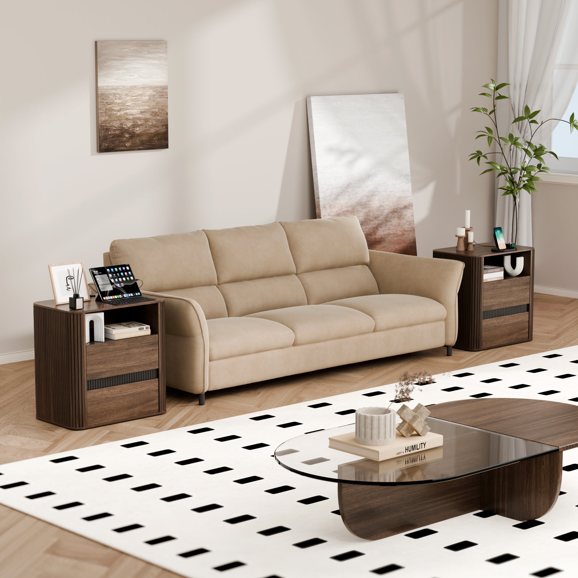 Walnut Side Table with Charging Station 2 Drawers Roller Design Modern Nightstand Rounded Edge Wood End Table Bedroom Living Room Sofa