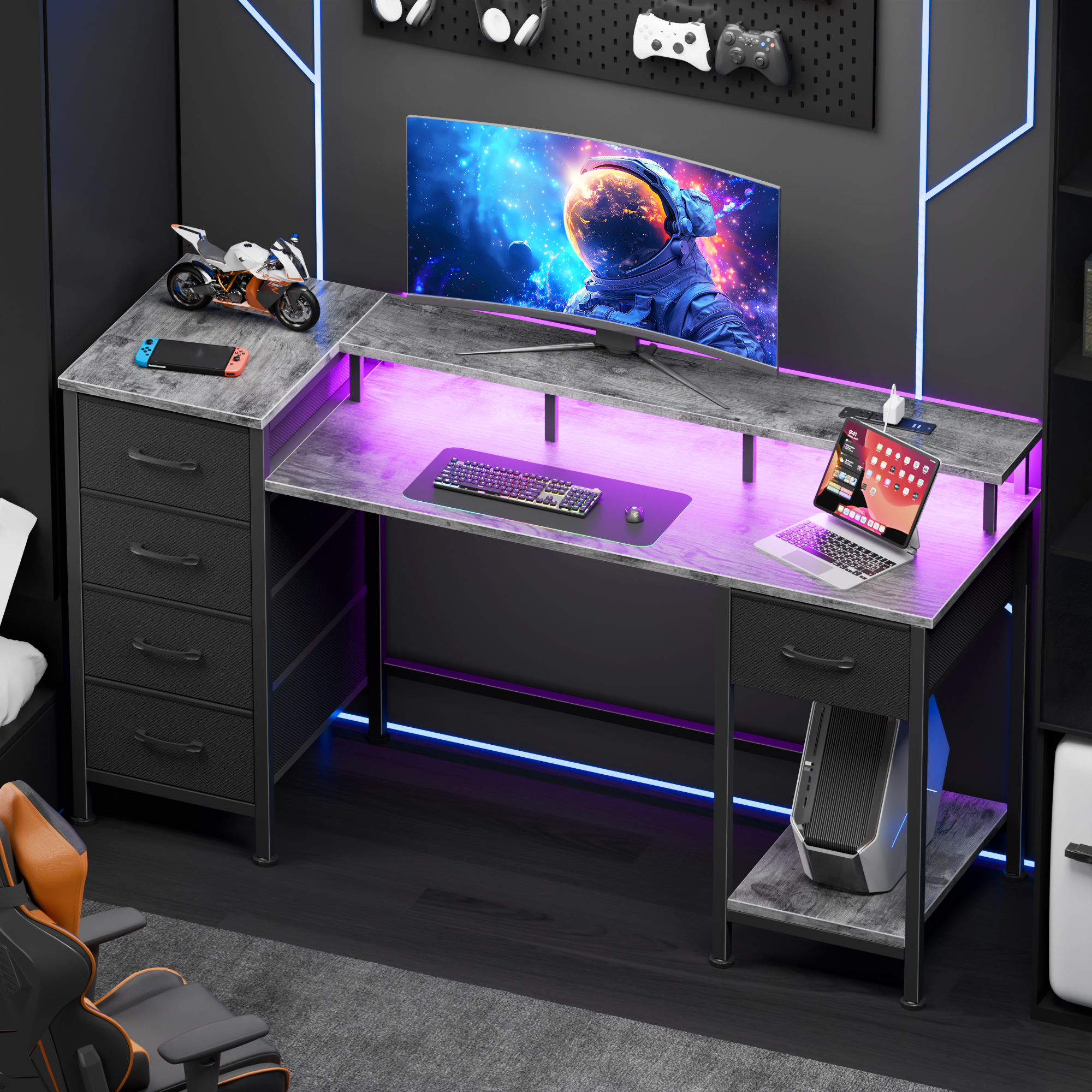 47 Inch Grey Computer Desk with Charging Station Reversible Gaming Desk LED Lights 5 Fabric Drawers Monitor Stand Home Office Writing Table