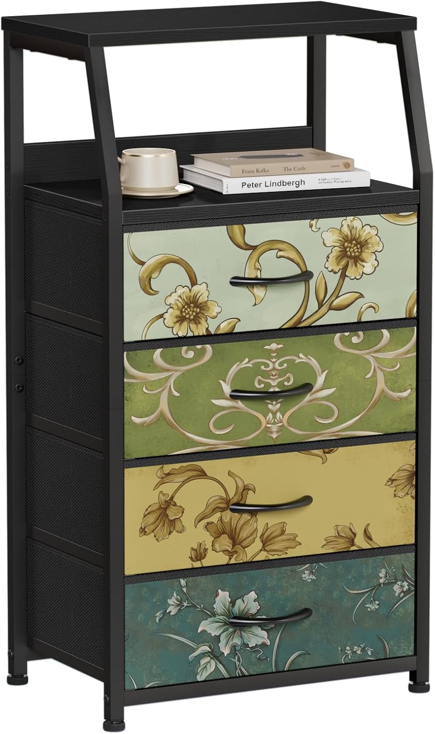 Furnulem Retro Nightstand with 3 Drawers & 2-Tier Shelf – Vintage Side Table for Bedroom or Closet
