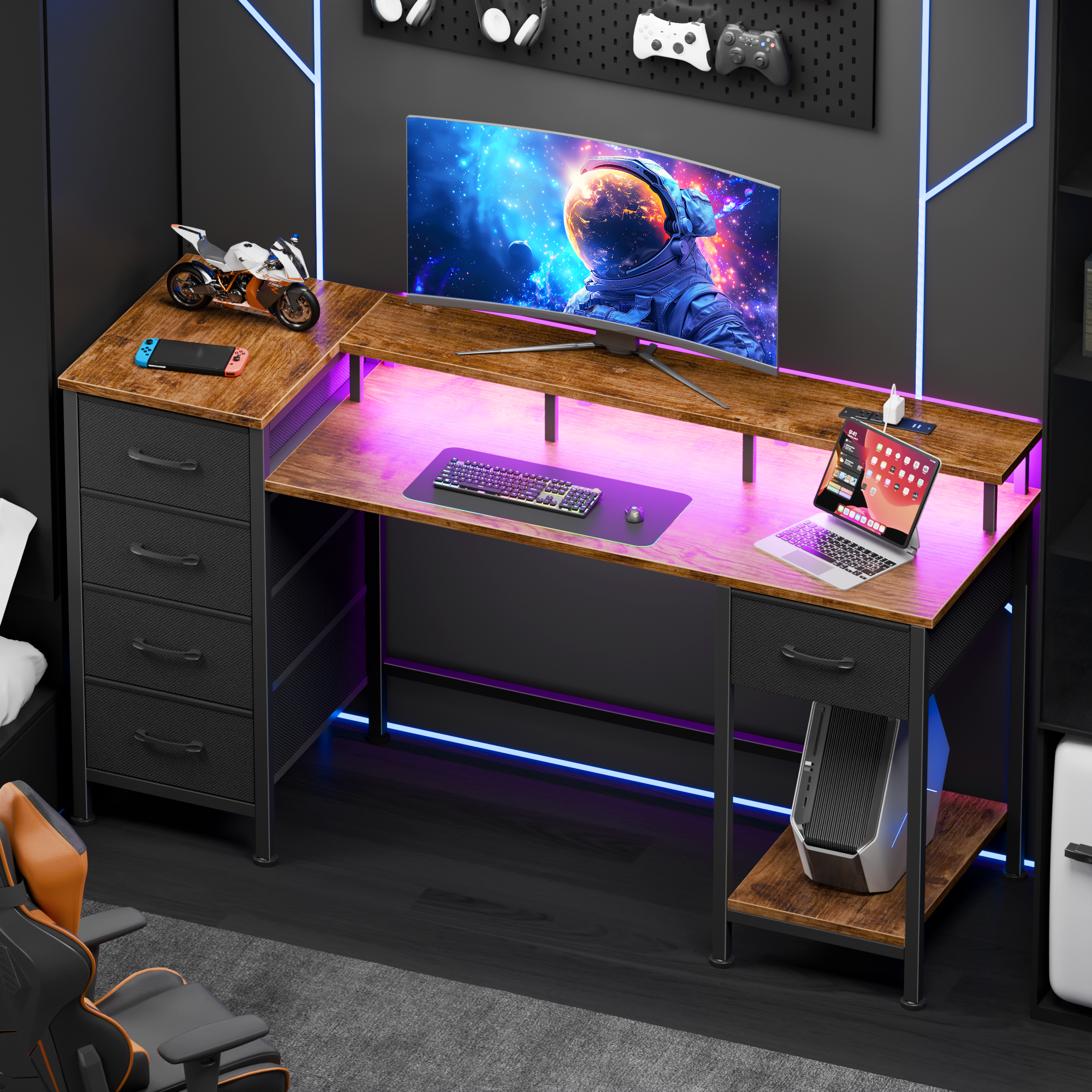 47 Inch Rustic Brown Computer Desk with Charging Station Reversible Gaming Desk LED Lights 5 Fabric Drawers Monitor Stand Home Office Writing Table