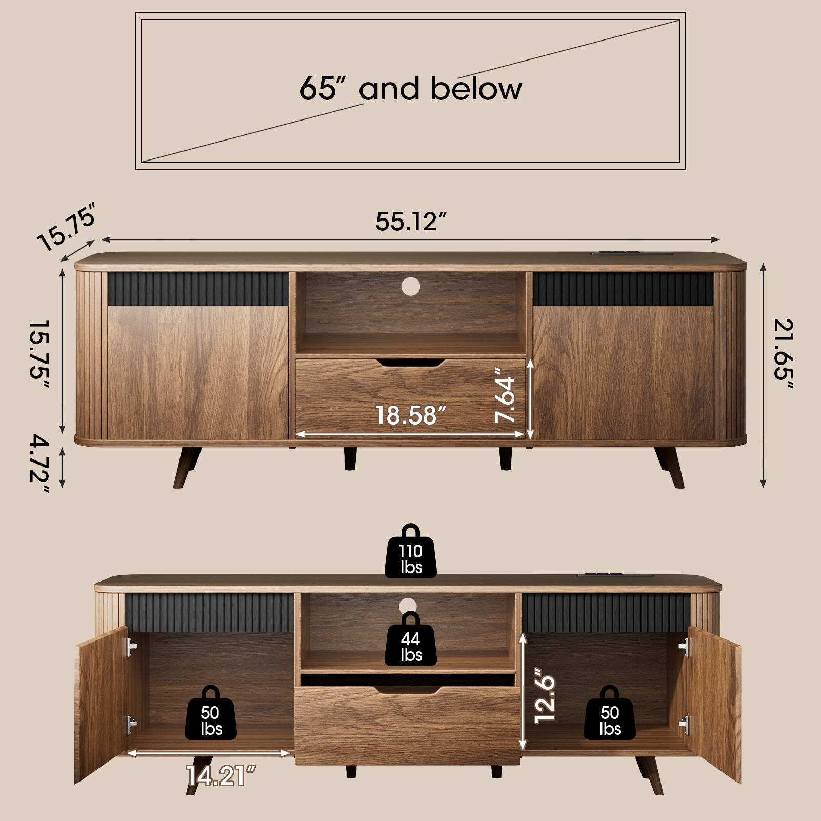 55" TV Stand with Storage for TVs up to 65" With Drawer slides Tambour Media Console With Charging Station Shelves Cable Management Wood Legs walnut