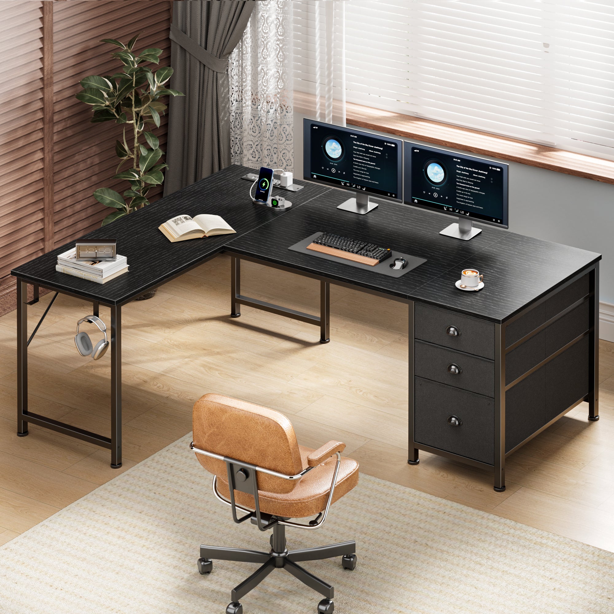 Qwatto 63 Inch L Shaped Gaming Desk Black Computer Corner Table with Power Outlets USB C Ports File Fabric Drawers Large Storage for Writing Bedrooms