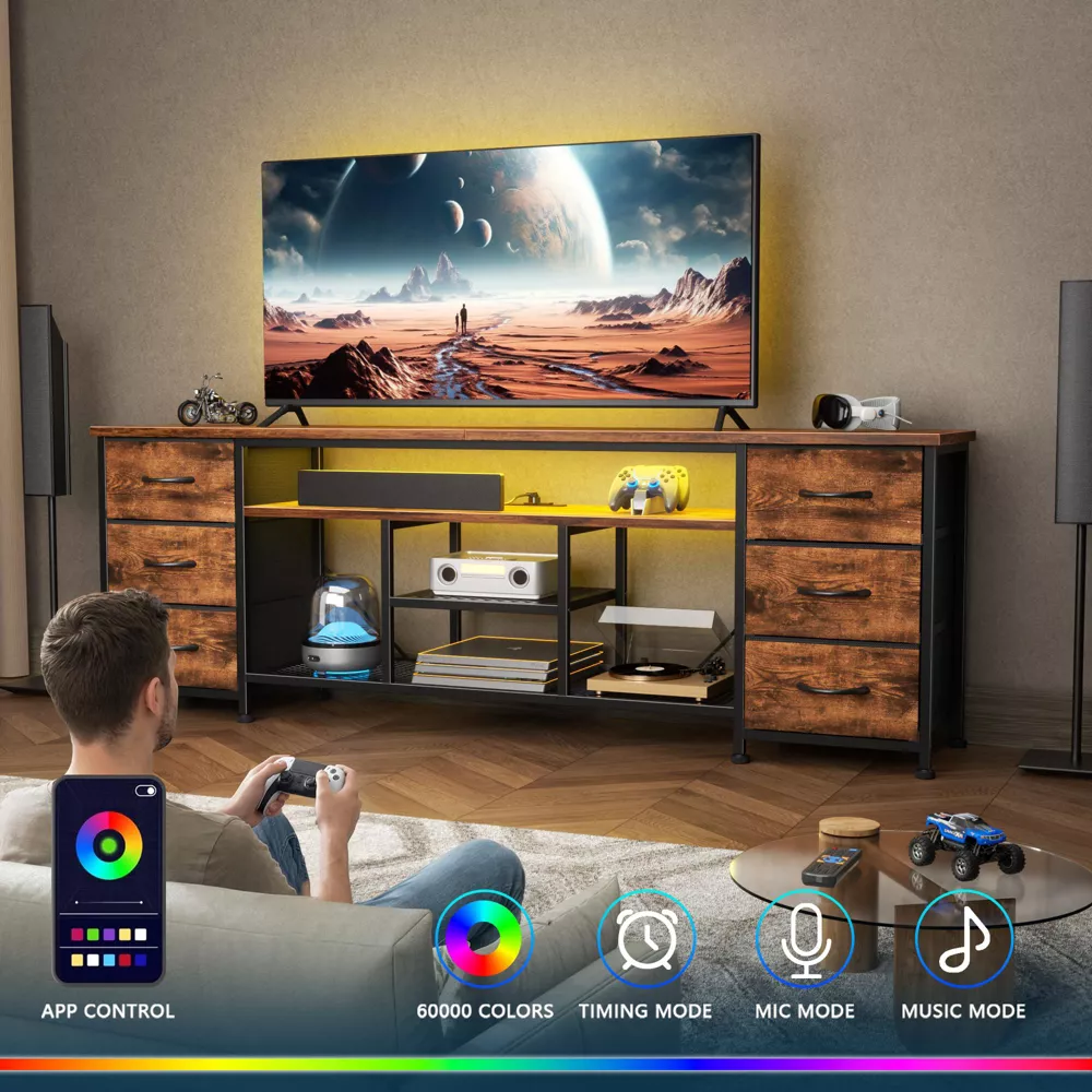 71 Inch Brown TV Stand Dresser with Charging Station LED Lights 6 Fabric Drawers PU Leather Media Console for TVs up to 80 Inch Bedroom Storage