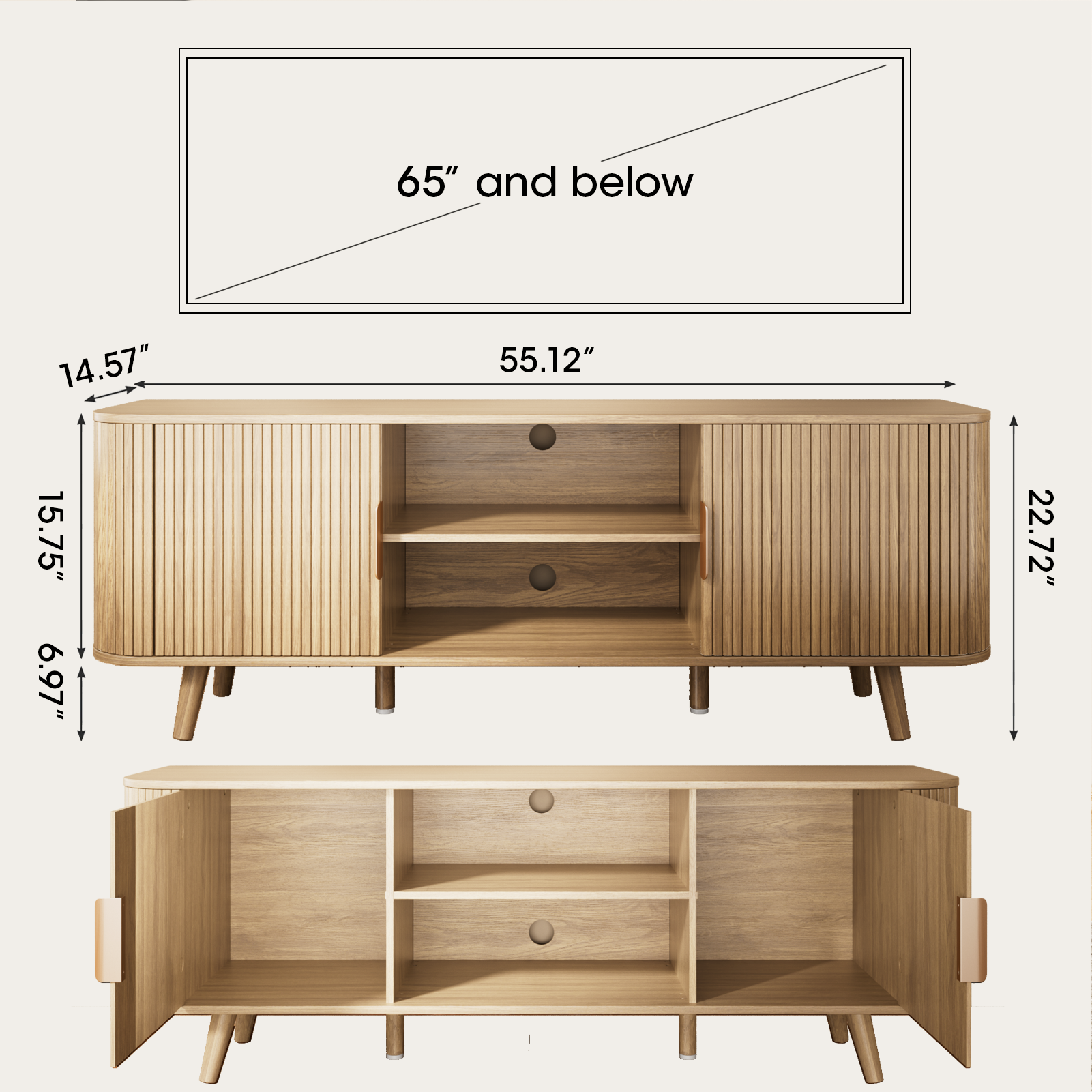 55 Inch Media Console for Bedroom Living Room Oak TV Stand for 65 Inch TV Mid Century Modern Cabinet Fluted Wood Detail Cable Management