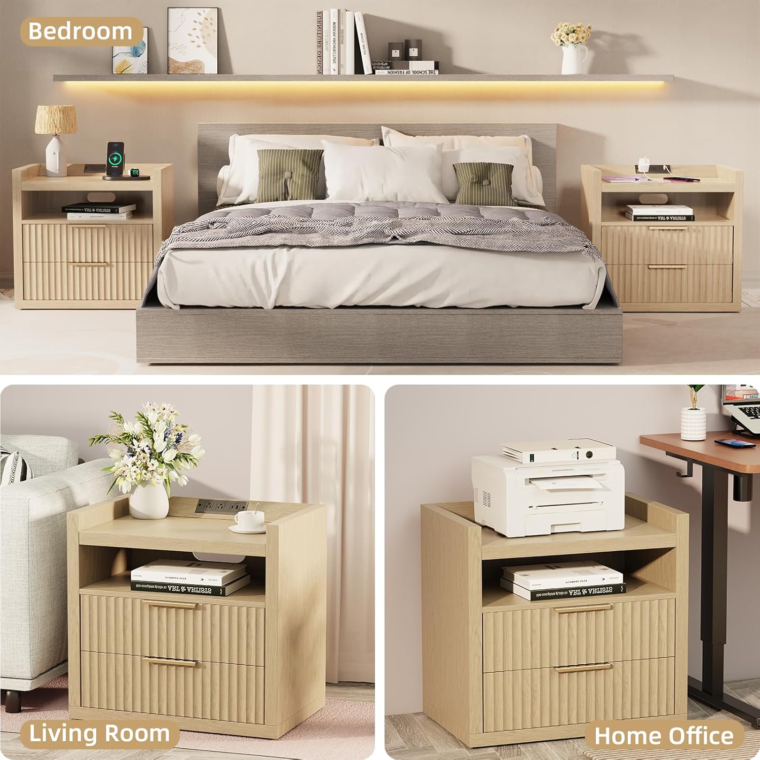 Furnulem Fluted Nightstands with Charging Station 24" Wide Nightstand with 2 Drawers Mid Century Side Table Natural Wooden End Table with Open Shelves