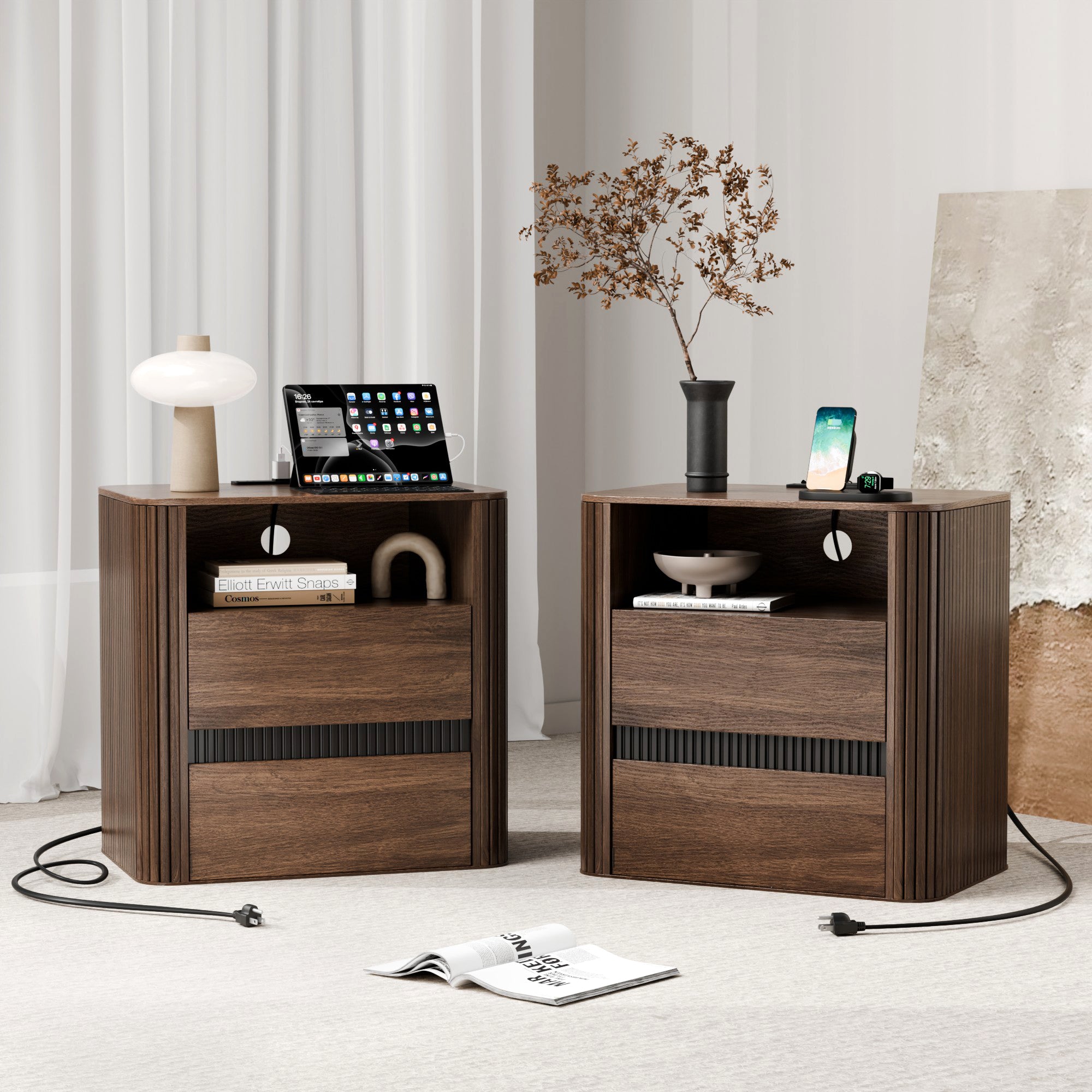 Walnut Side Table with Charging Station 2 Drawers Roller Design Modern Nightstand Rounded Edge Wood End Table Bedroom Living Room Sofa
