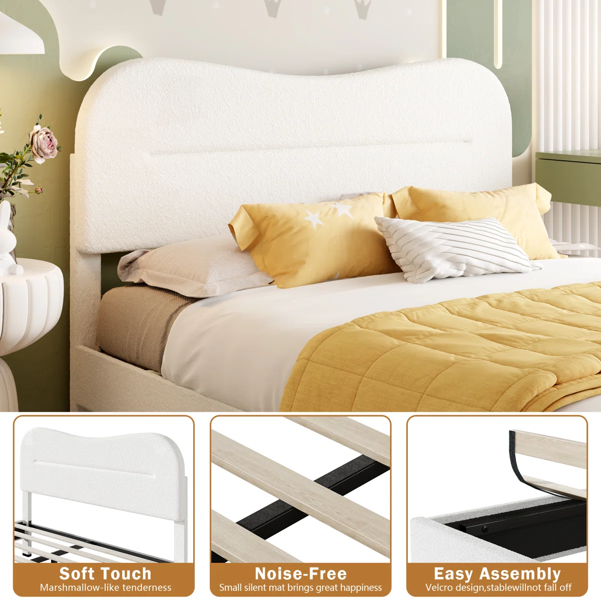 King Size Bed Frame With Teddy Velvet Soft Curved Headboard Platform Bed With Wooden Slats Support Easy Assembly Noise-free