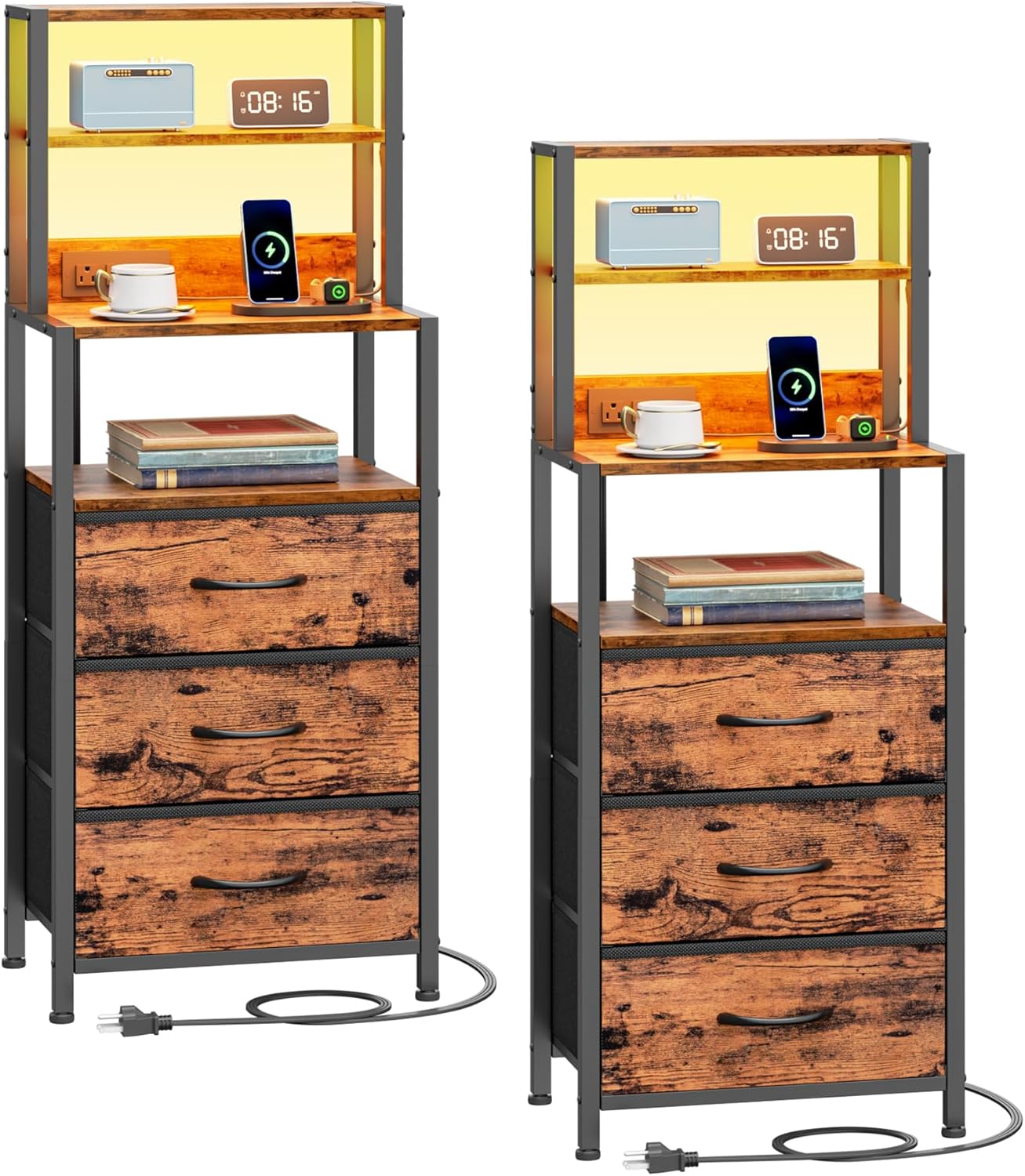 Furnulem Night Stand Set 2, LED nightstand Set of 2 with Charging Station, Bedside Table with Storage Shelf and 3 Fabric Drawers, Bed Side Table for Bedroom, Home Office, Dorm