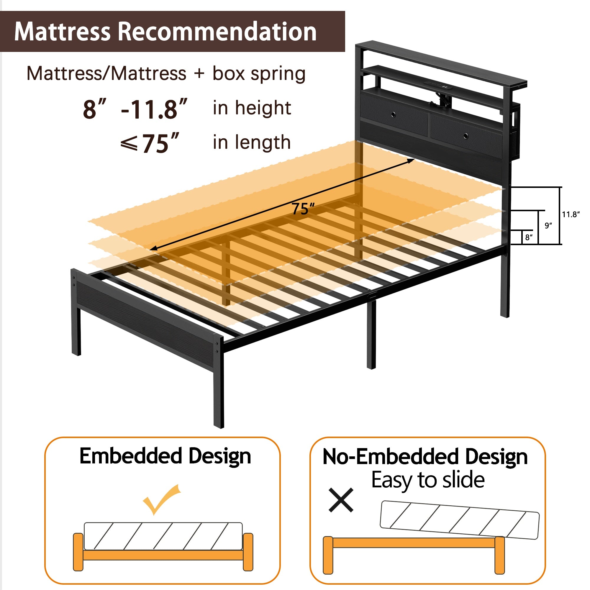 Furnulem Bed Frames with Charging Station and LED Lights, Wood Headboard with 2 Fabric Drawers and Storage Shelves